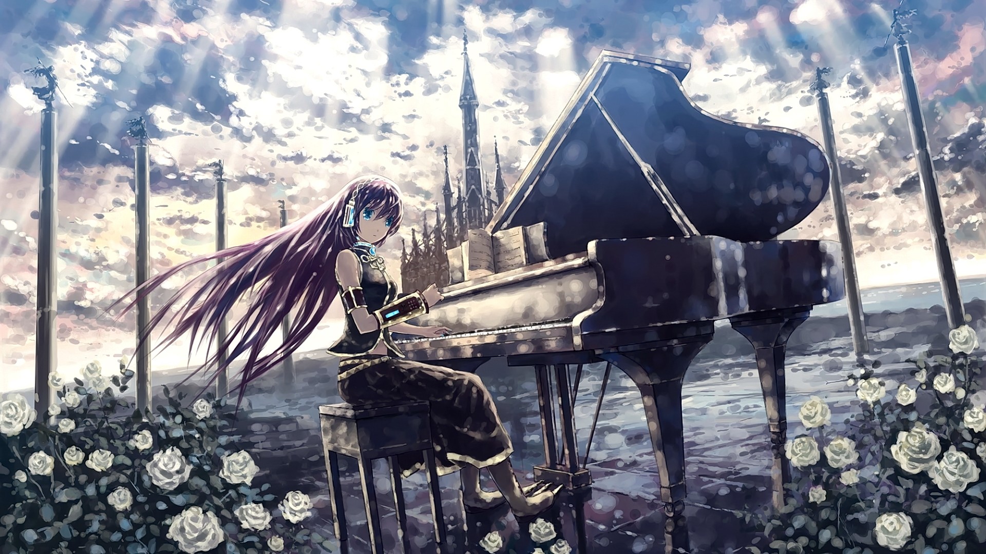 Anime 1920x1080 anime anime girls long hair blue eyes sky clouds headsets looking at viewer flowers piano Megurine Luka Vocaloid musical instrument Pixiv women sitting