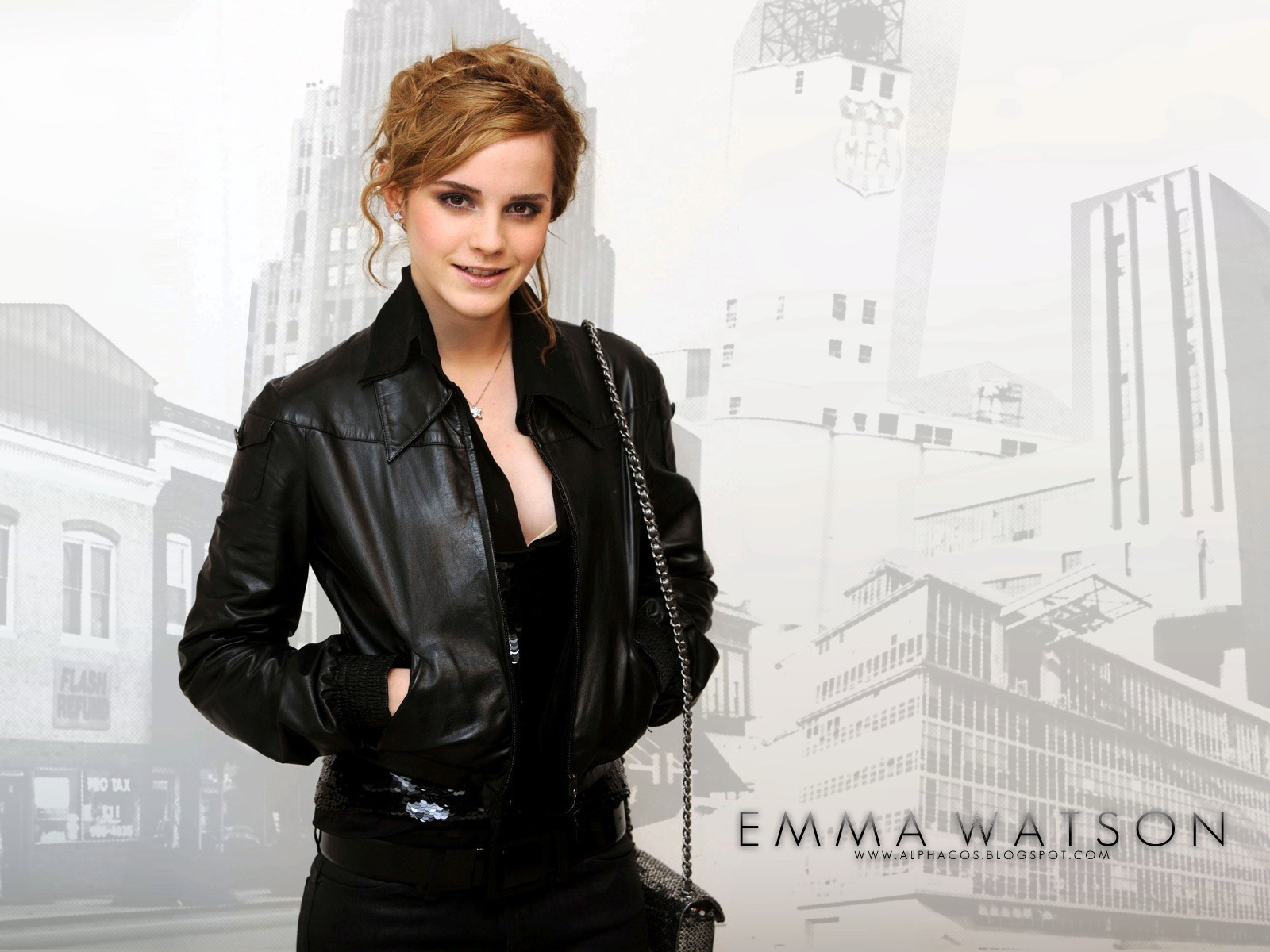 People 1600x1200 smiling handbags women looking at viewer necklace leather jacket jacket hands in pockets Emma Watson British women women indoors indoors studio actress