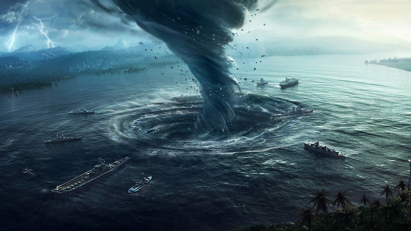 General 1366x768 digital art ship vehicle artwork water storm lightning tornado debris military vehicle military