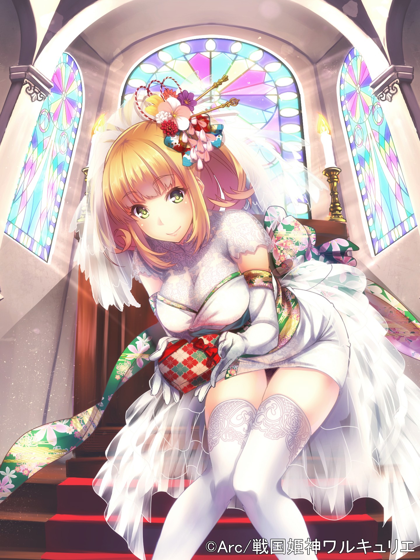 Anime 1440x1920 anime anime girls kimono long hair boobs thighs Pixiv brides stockings white clothing white stockings white dress dress green eyes looking at viewer watermarked blonde flower in hair knees together heart (design) presents