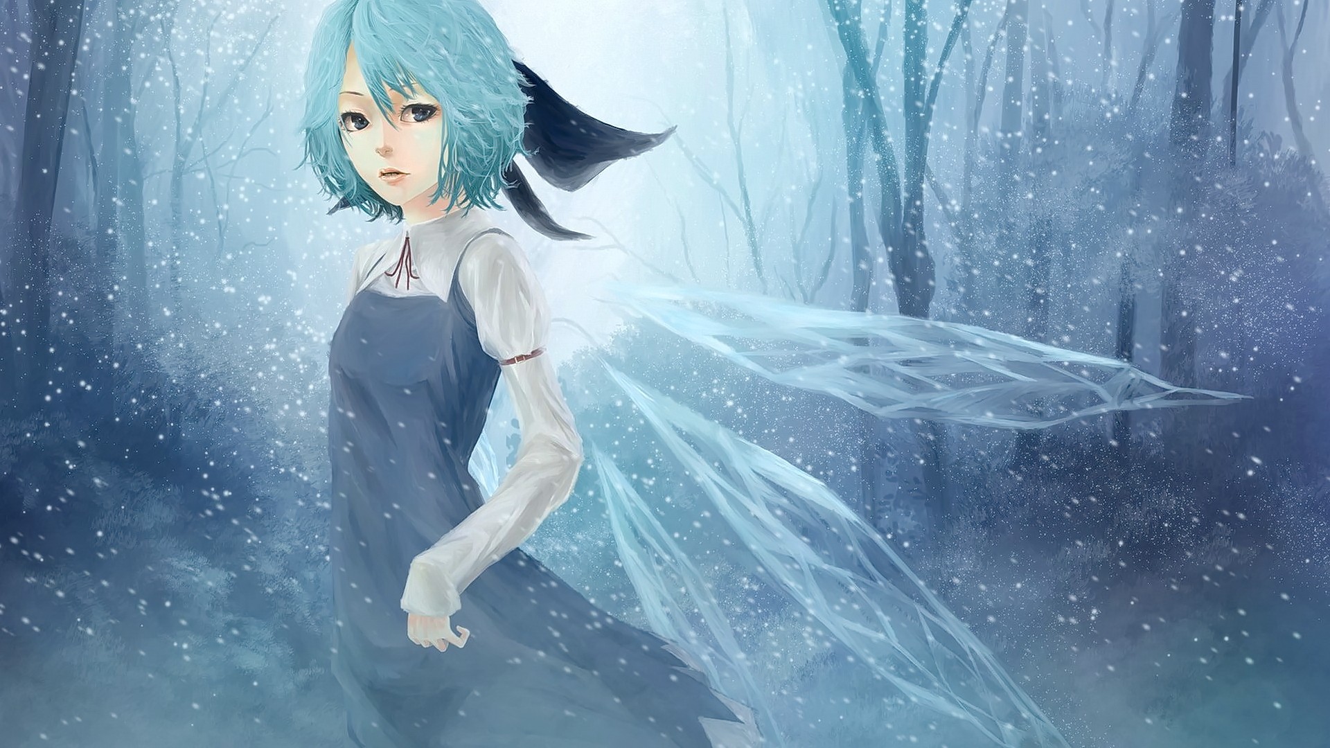 Anime 1920x1080 anime anime girls cyan hair green eyes looking at viewer wings forest Touhou Cirno snow winter shoulder length hair fantasy art fantasy girl loli