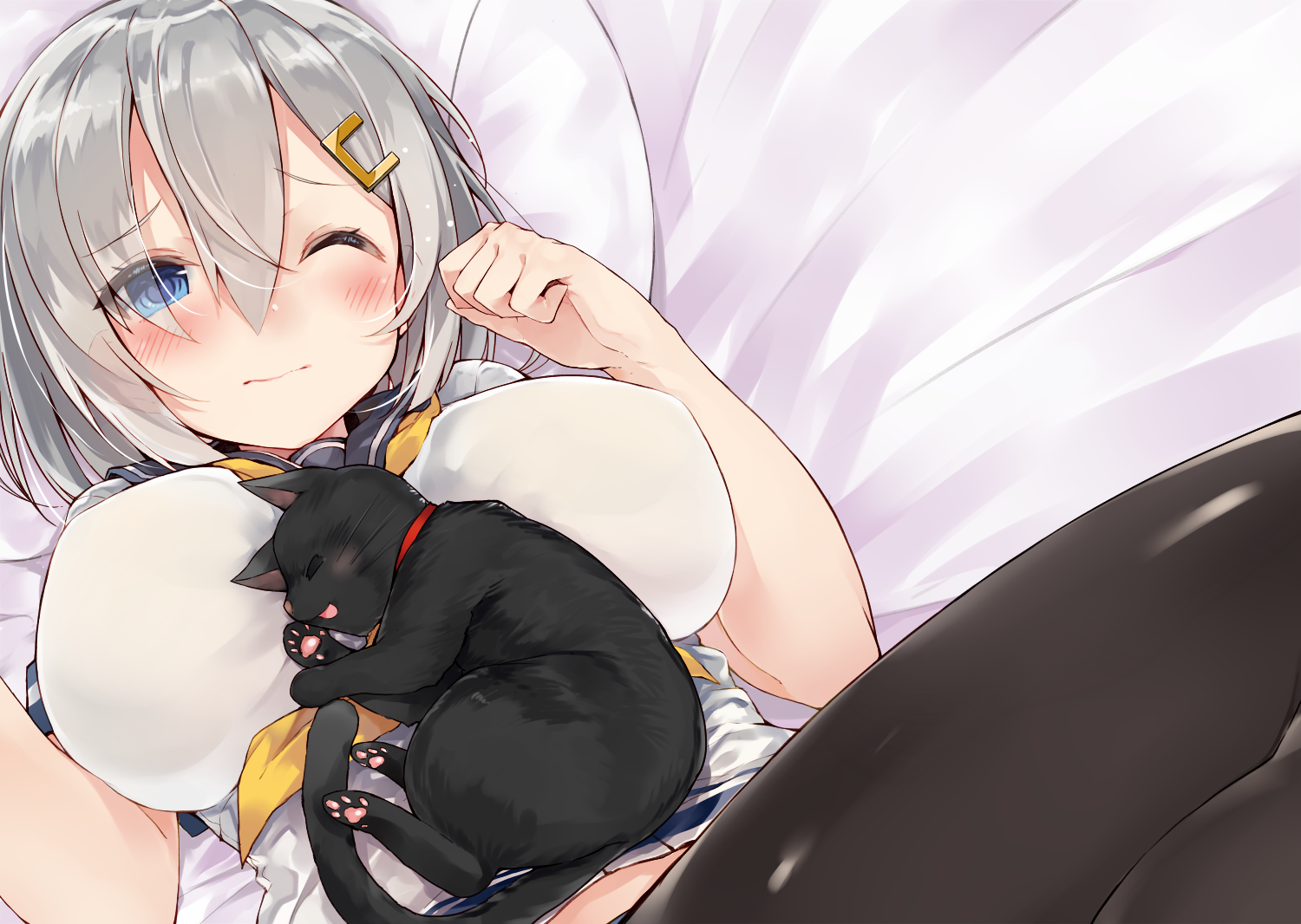 Anime 1500x1066 anime anime girls Kou Mashiro cats Hamakaze (KanColle)  big boobs Kantai Collection blue eyes silver hair one eye closed black cats huge breasts animals mammals curvy hair in face thighs