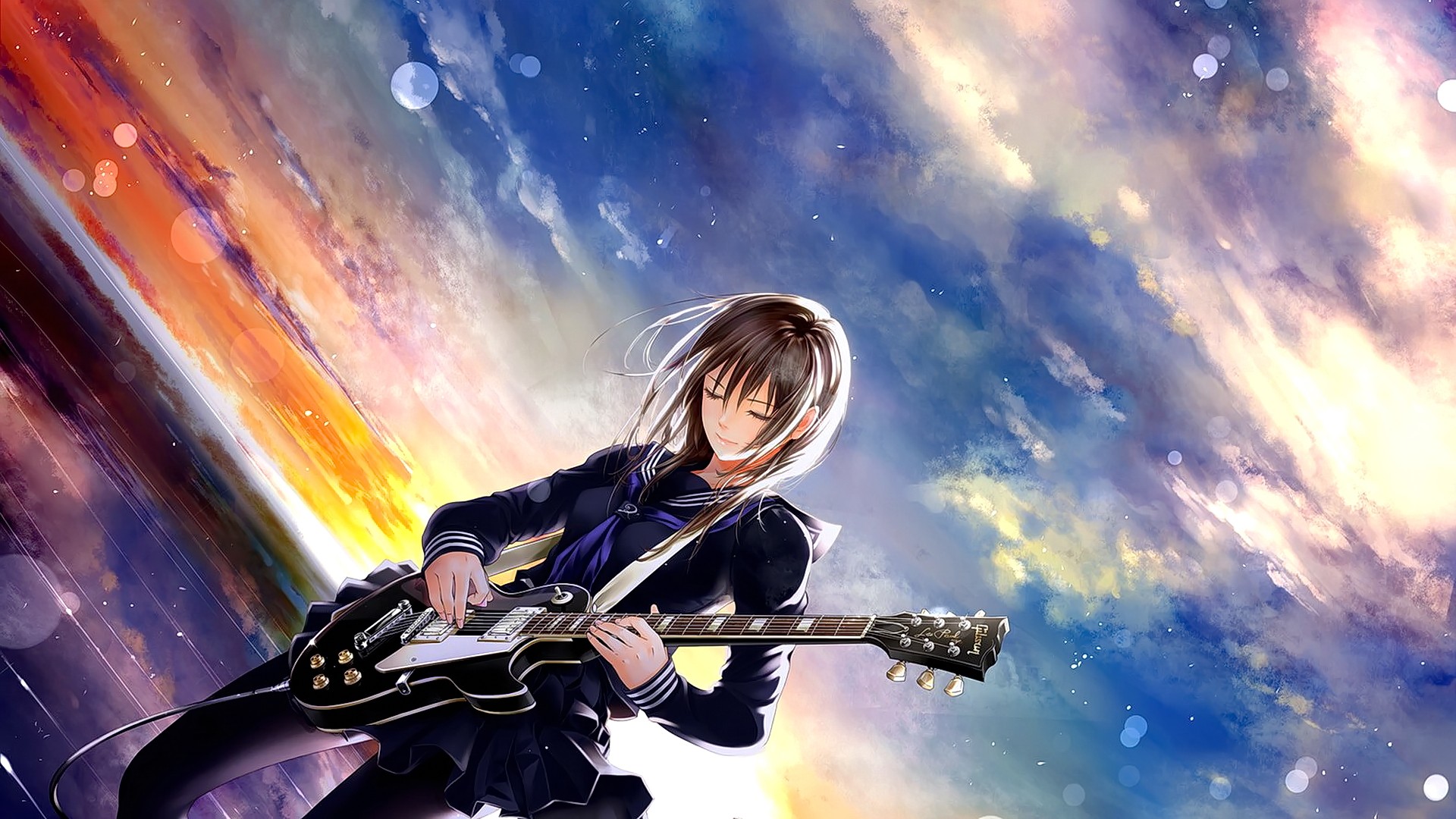 Anime 1920x1080 anime anime girls brunette closed eyes musical instrument sky clouds guitar Gibson Les Paul long hair music