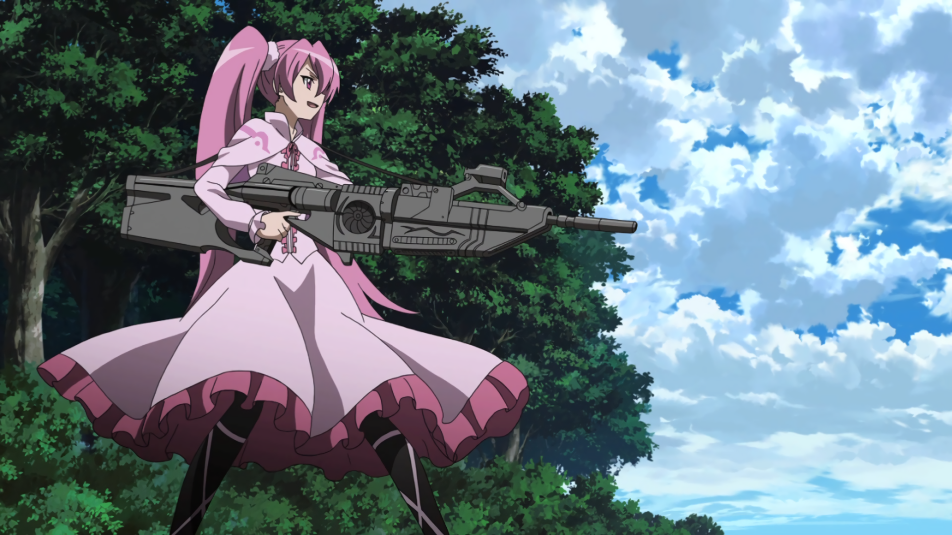 Anime 1920x1080 Mine (Akame ga Kill) anime girls weapon pink hair anime Futuristic Weapons girls with guns dress pink dress pink clothing women outdoors open mouth long hair