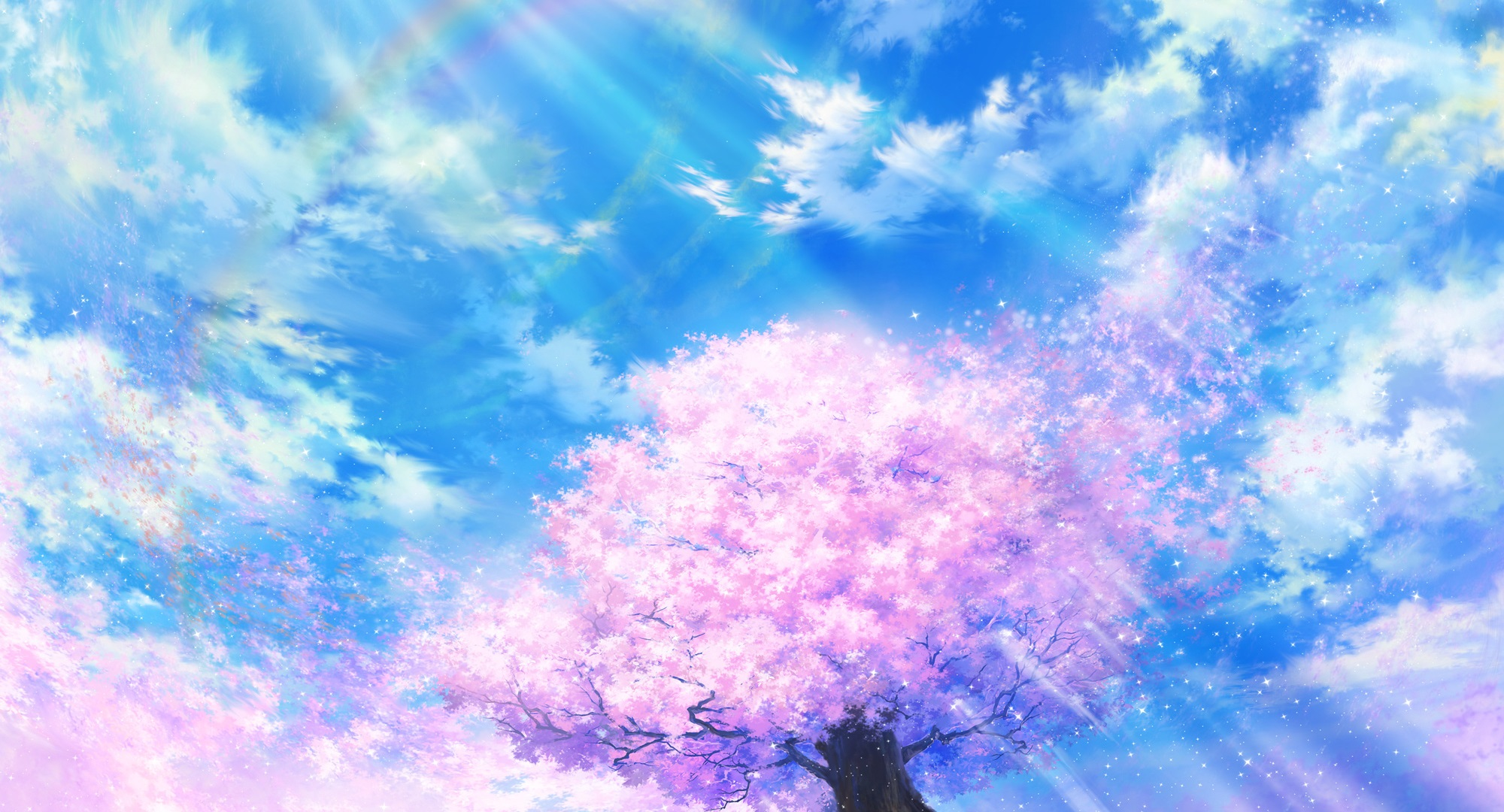 Anime 2000x1080 anime clouds sky trees cyan pink blue outdoors sun rays Iy Tujiki