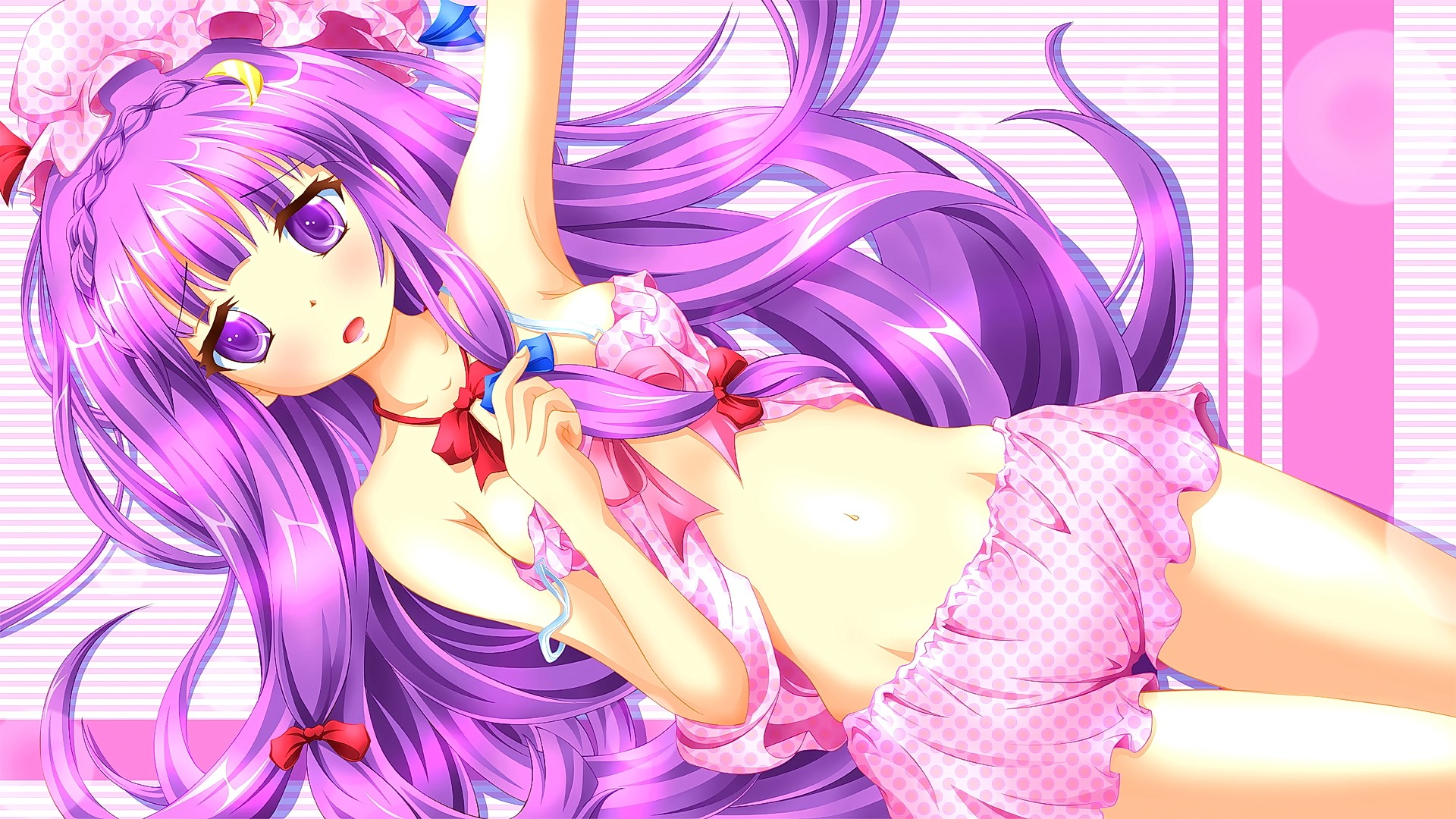 Anime 1920x1080 anime anime girls purple hair long hair purple eyes open mouth panties underwear sadness looking at viewer Touhou Patchouli Knowledge belly slim body