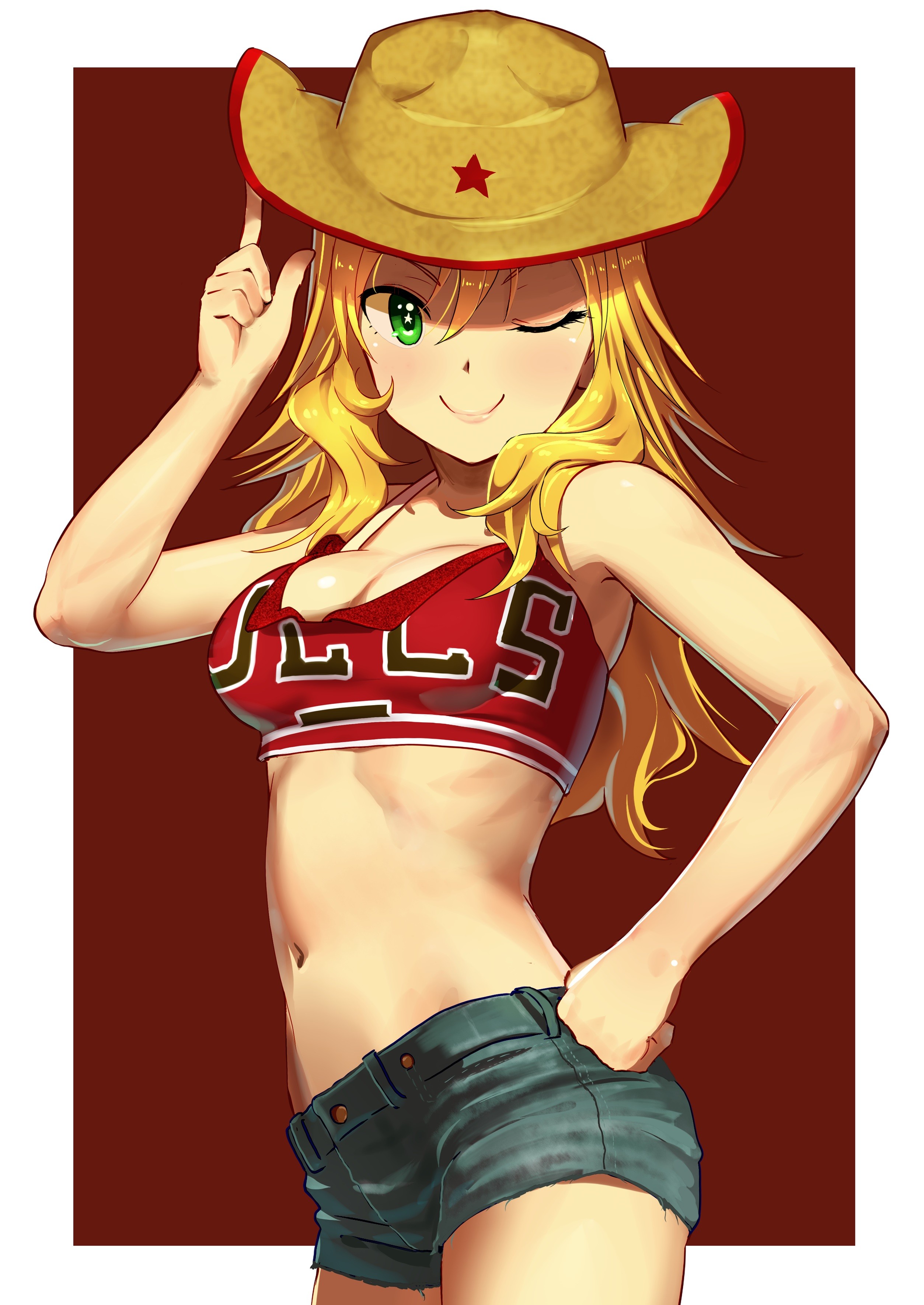Anime 2507x3541 anime anime girls long hair THE iDOLM@STER Hoshii Miki cleavage hat DeviantArt belly women with hats one eye closed green eyes standing