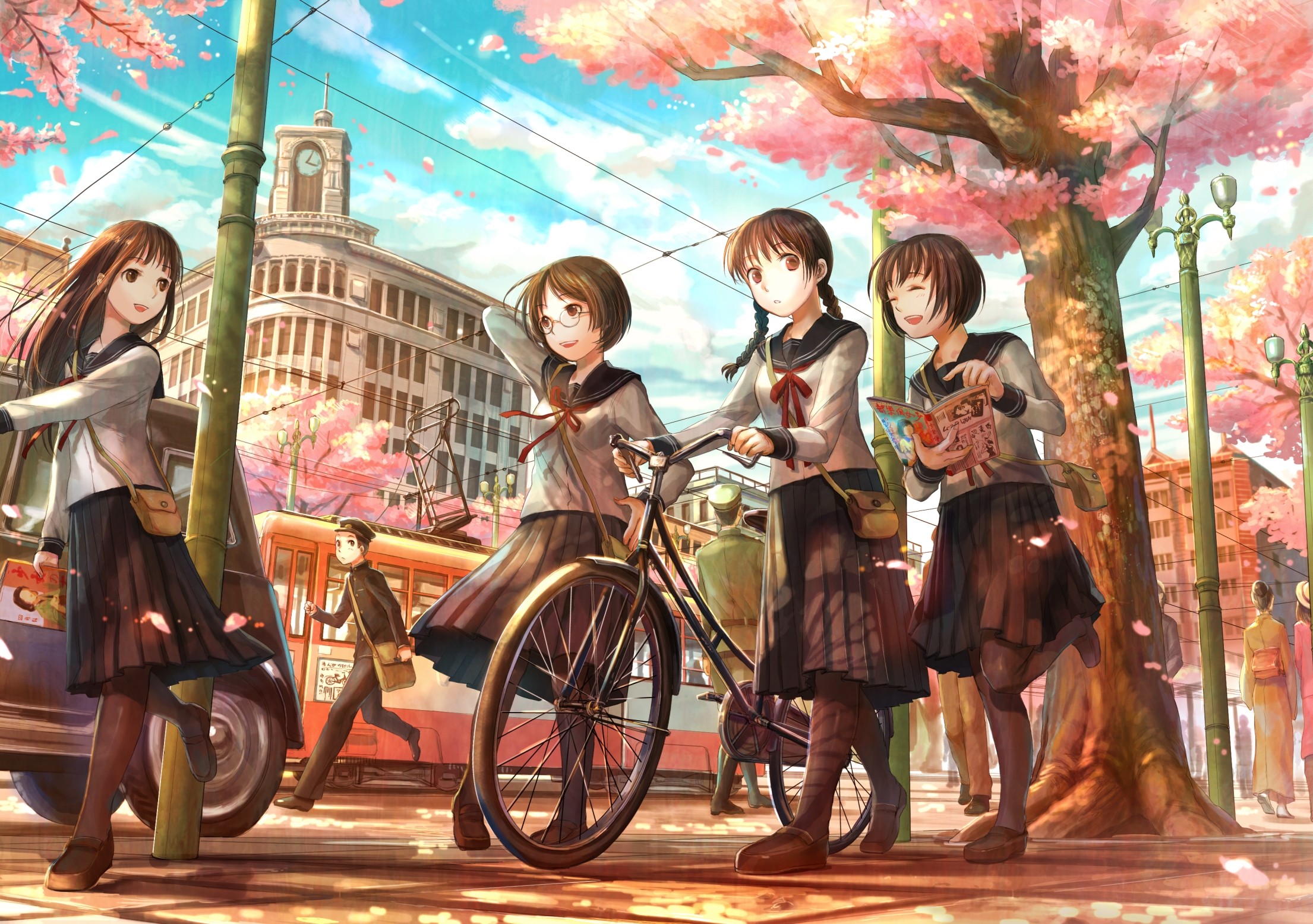 Anime 2210x1555 anime girls city bicycle women with bicycles vehicle women outdoors street tram brunette school uniform urban anime