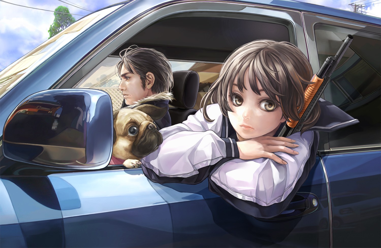 Anime 1500x979 shotgun anime girls weapon dog brunette car anime boys car interior driving gun women with cars girls with guns anime men vehicle blue cars animals mammals