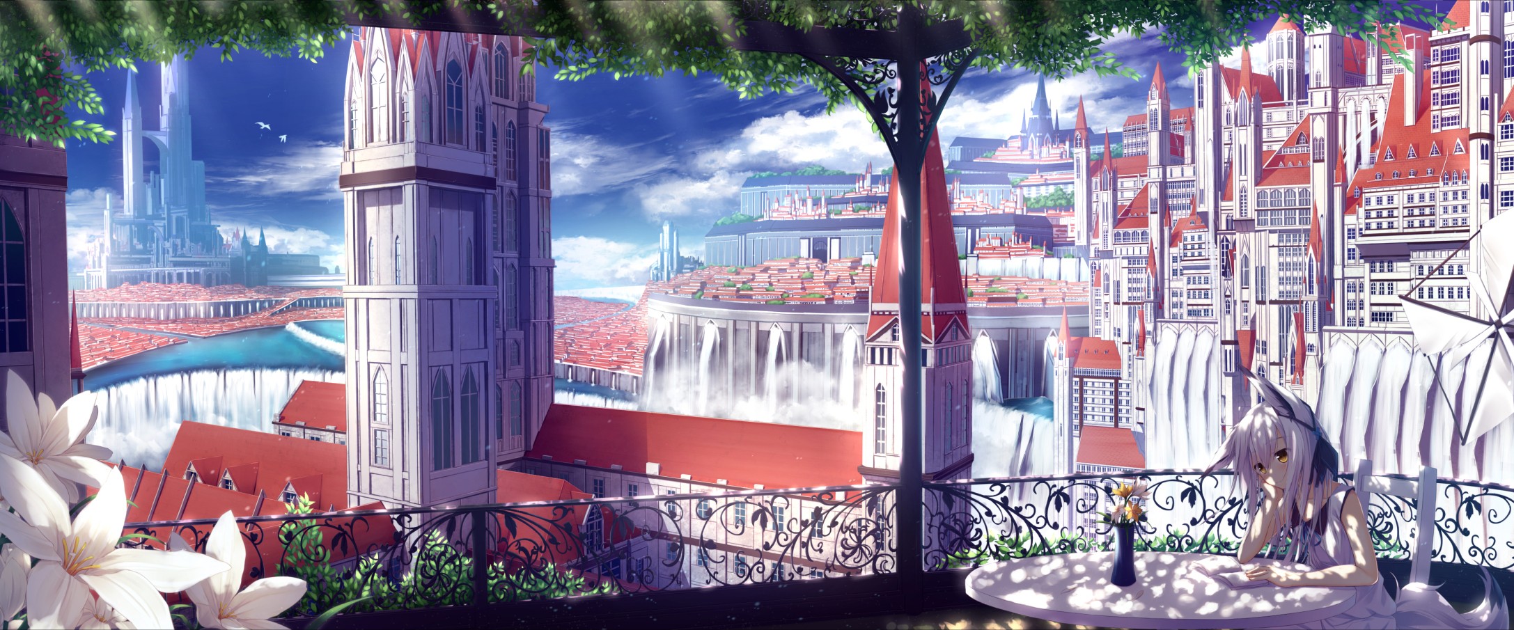 Anime 2174x905 anime anime girls fantasy city cityscape