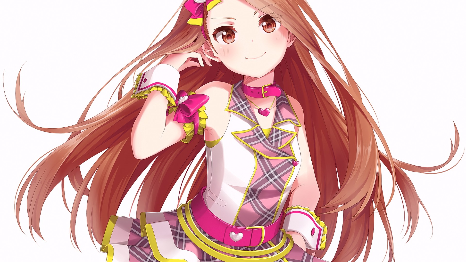 Anime 1920x1080 anime anime girls white background long hair smiling brunette looking at viewer brown eyes THE iDOLM@STER Minase Iori simple background