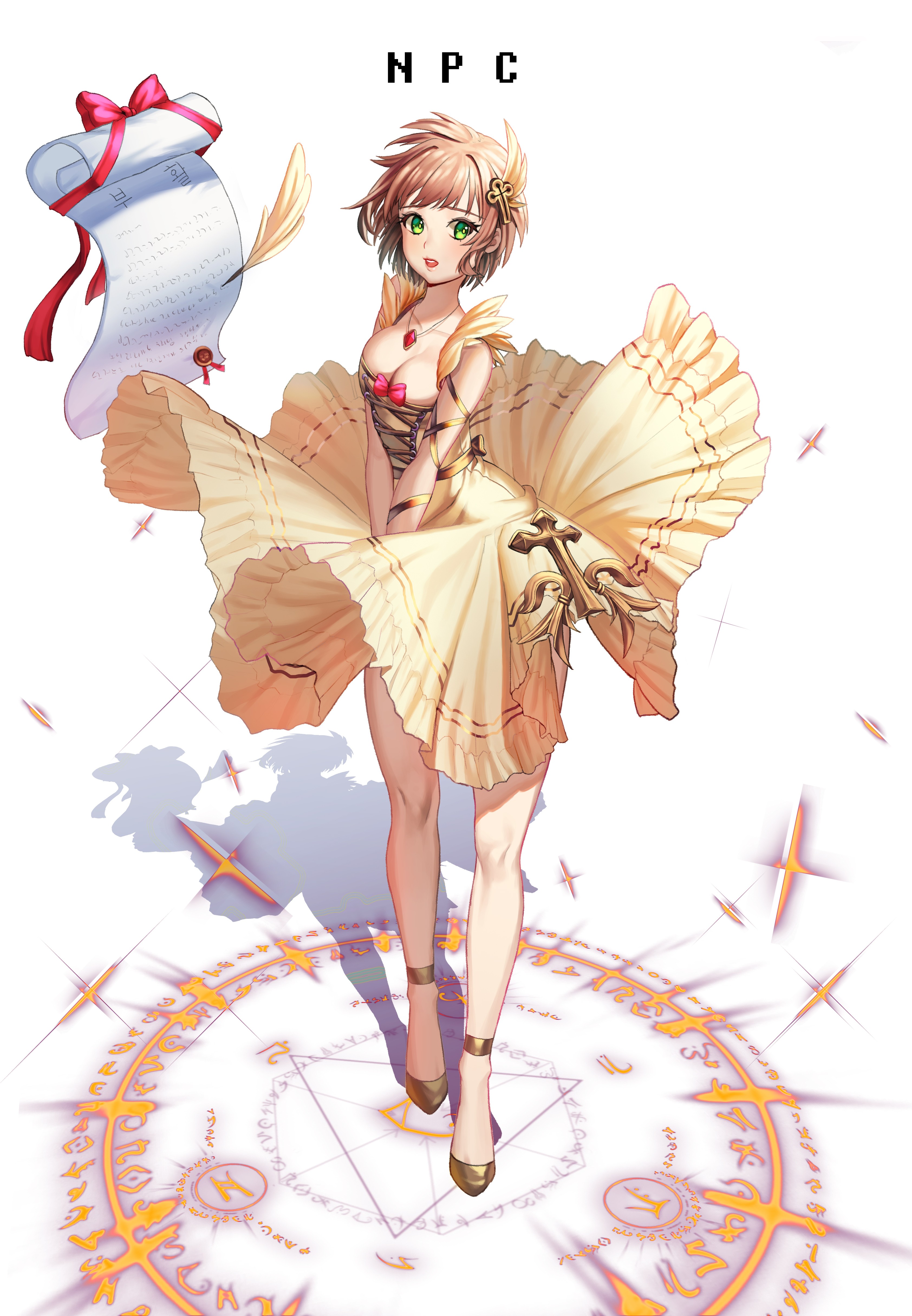 Anime 3368x4858 anime anime girls cleavage dress heels no bra white background boobs green eyes legs brunette