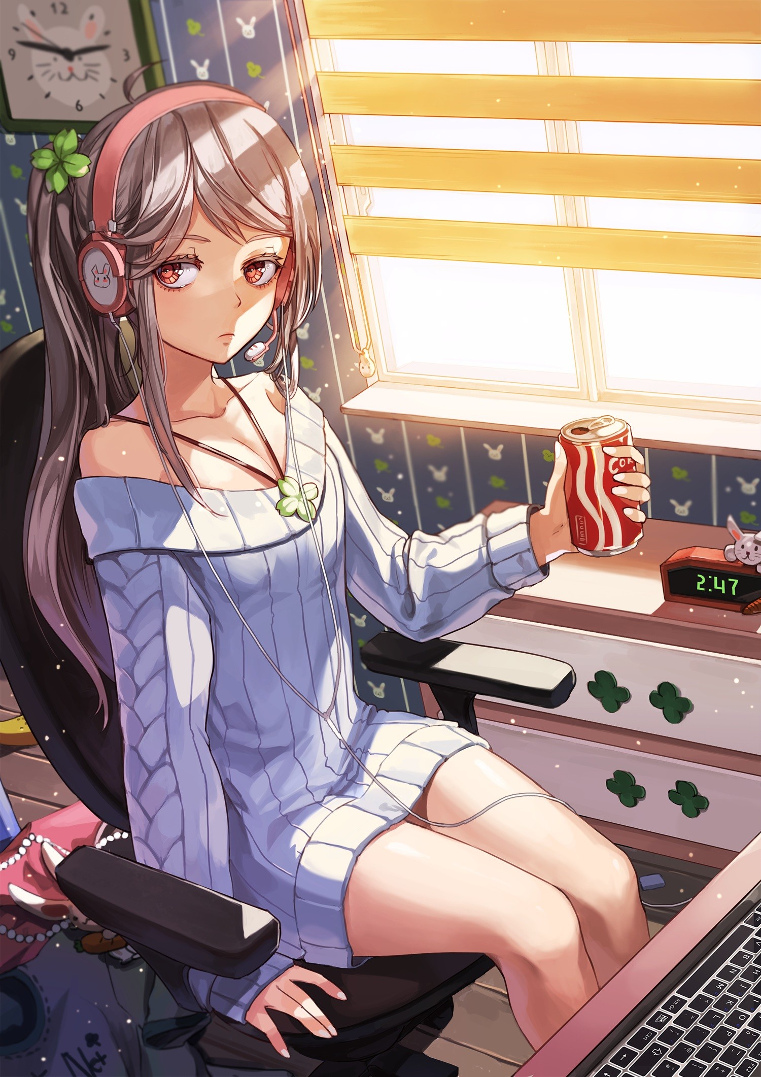 Anime 1500x2122 anime anime girls long hair cleavage headphones sweater can women indoors clocks alarm clock sitting looking away thighs together Pixiv