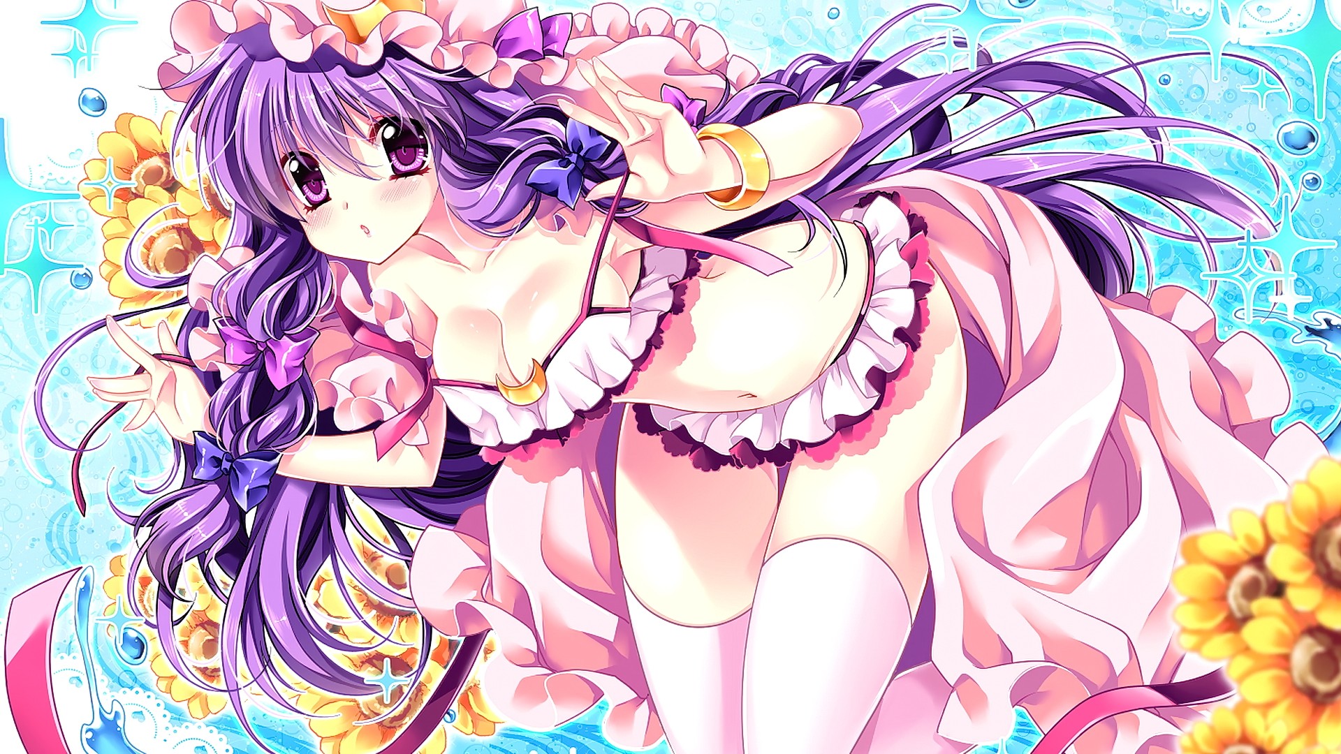 Anime 1920x1080 anime anime girls long hair looking at viewer Patchouli Knowledge Touhou boobs curvy thighs stockings purple hair purple eyes belly fantasy art fantasy girl big boobs flowers