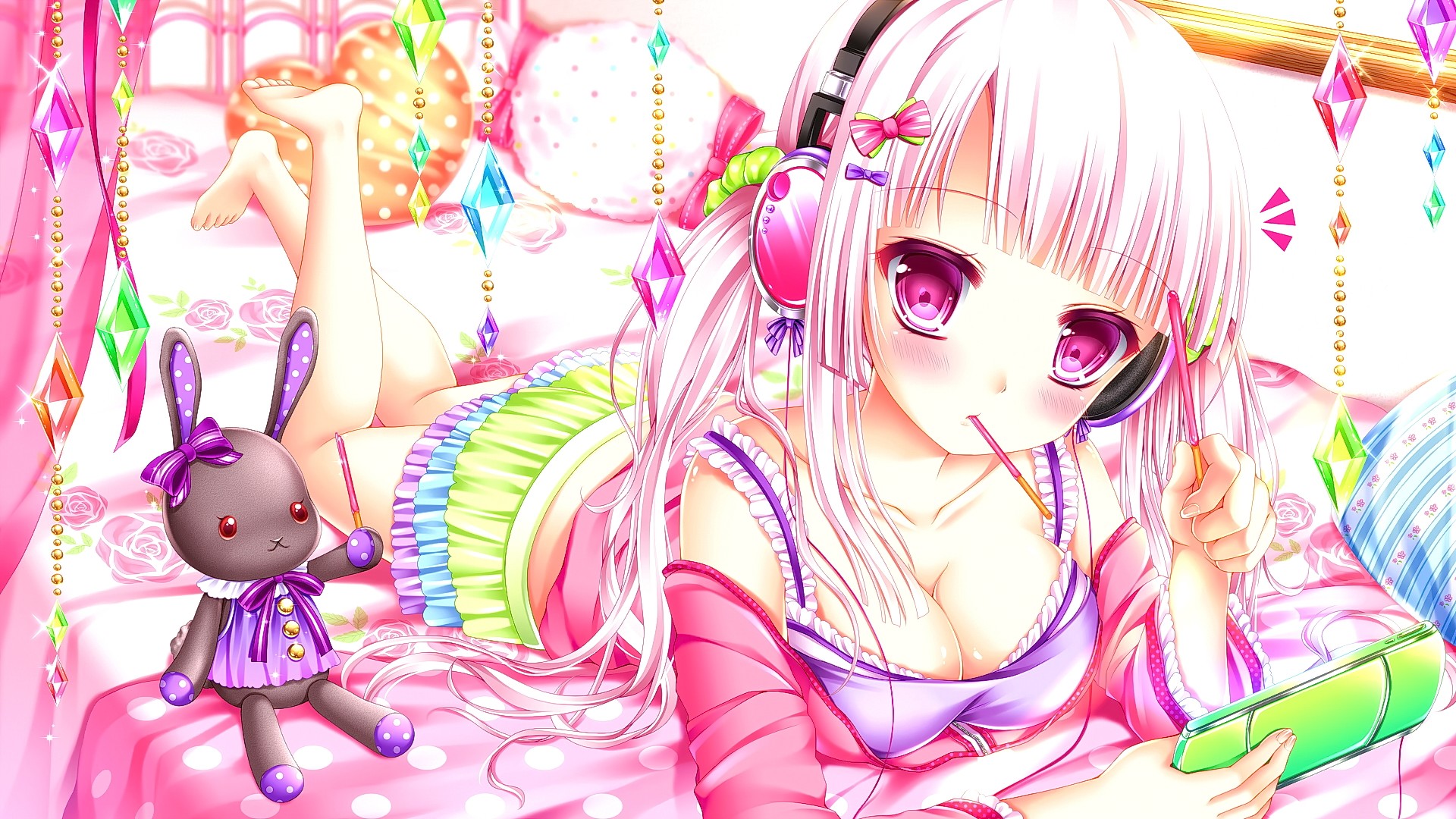 Anime 1920x1080 anime anime girls pink hair long hair purple eyes headsets looking at viewer original characters lying on front boobs barefoot pink eyes skirt