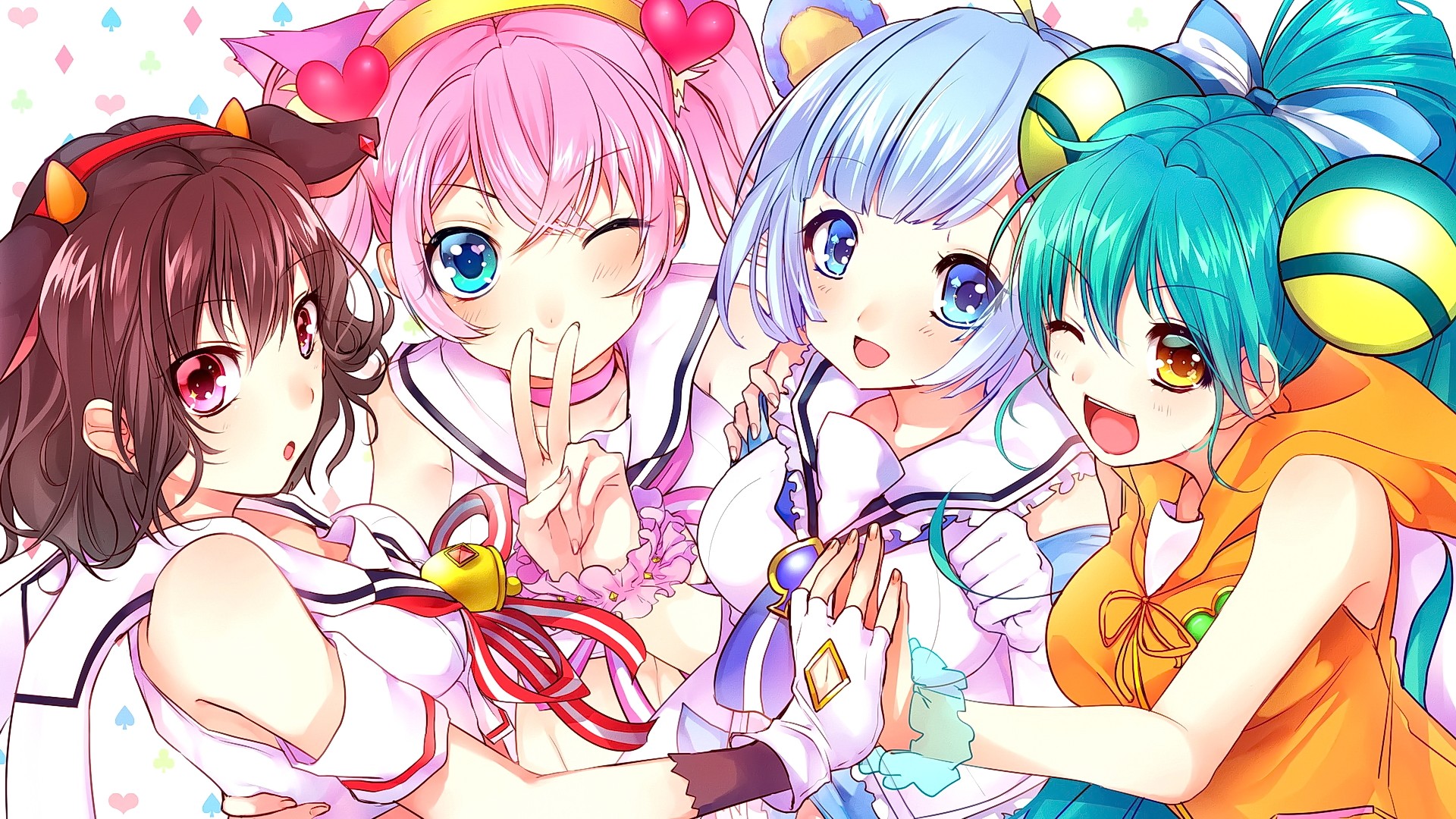 Anime 1920x1080 anime anime girls brunette pink hair cyan hair short hair animal ears red eyes blue eyes wink open mouth smiling Show By Rock!! group of women hand gesture looking at viewer