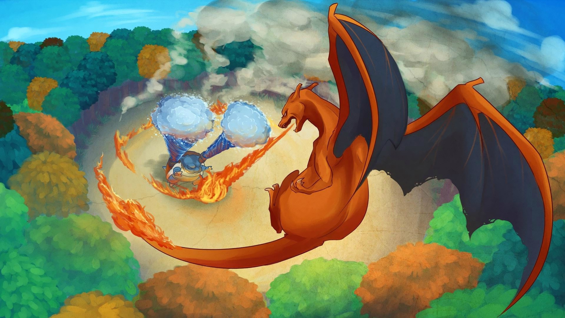 General 1920x1080 Pokémon Charizard Blastoise artwork fantasy art fire dragon water anime creature wings burning digital art