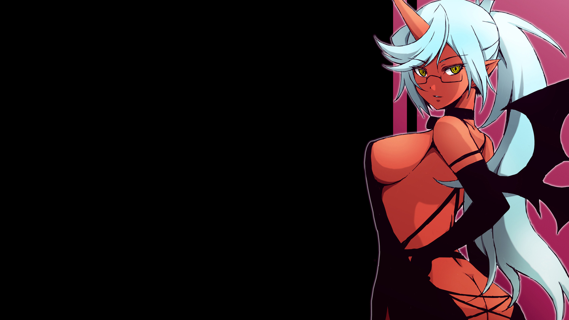 Anime 1920x1080 huge breasts demon Kneesocks (character) Panty and Stocking with Garterbelt simple background ass anime black background digital art parted lips anime girls sideboob red skin pointy ears