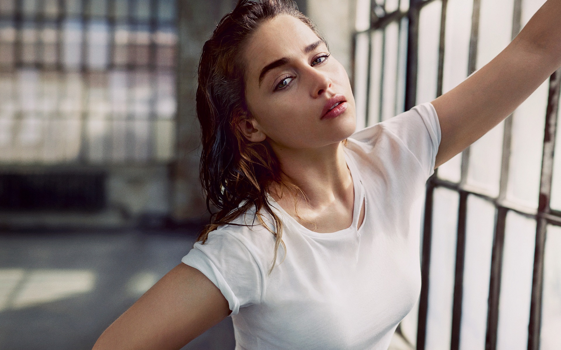 People 1920x1200 Emilia Clarke women open mouth brunette T-shirt white tops women indoors red lipstick dyed hair actress