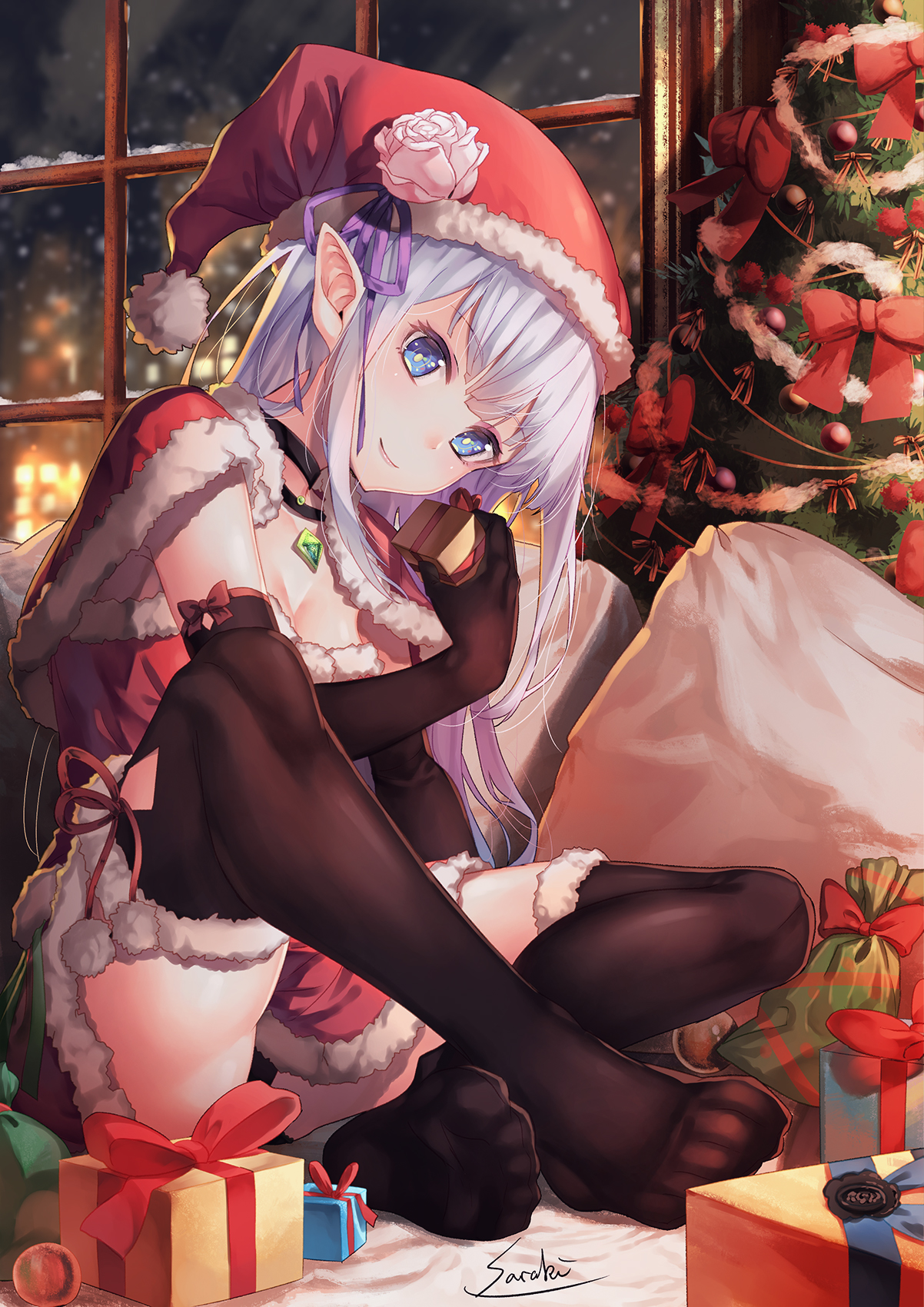 Anime 1202x1700 Christmas santa outfit pointy ears thigh-highs Re:Zero Kara Hajimeru Isekai Seikatsu Emilia (Re: Zero) Santa hats Santa girl