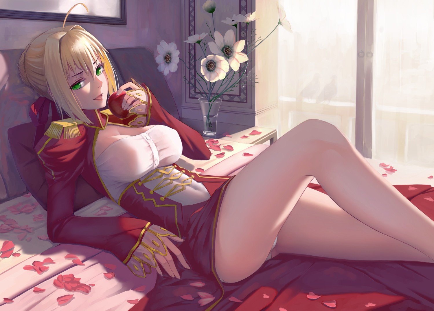 Anime 1500x1073 Fate series Fate/Extra blonde green eyes looking at viewer in bed bent legs anime anime girls cleavage big boobs panties Nero Claudius women boobs Pixiv food fruit apples thighs flowers