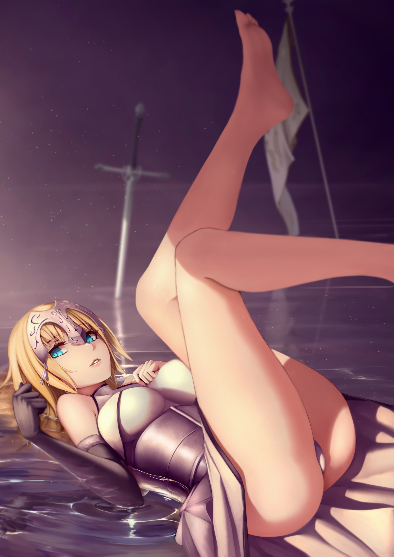 Anime 1300x1839 blue eyes panties water Fate/Grand Order Fate series Fate/Apocrypha  long hair blonde looking at viewer armor legs up sword anime anime girls Jeanne d'Arc (Fate) Shijiu ass barefoot aqua eyes boobs lying on back fantasy art fantasy girl