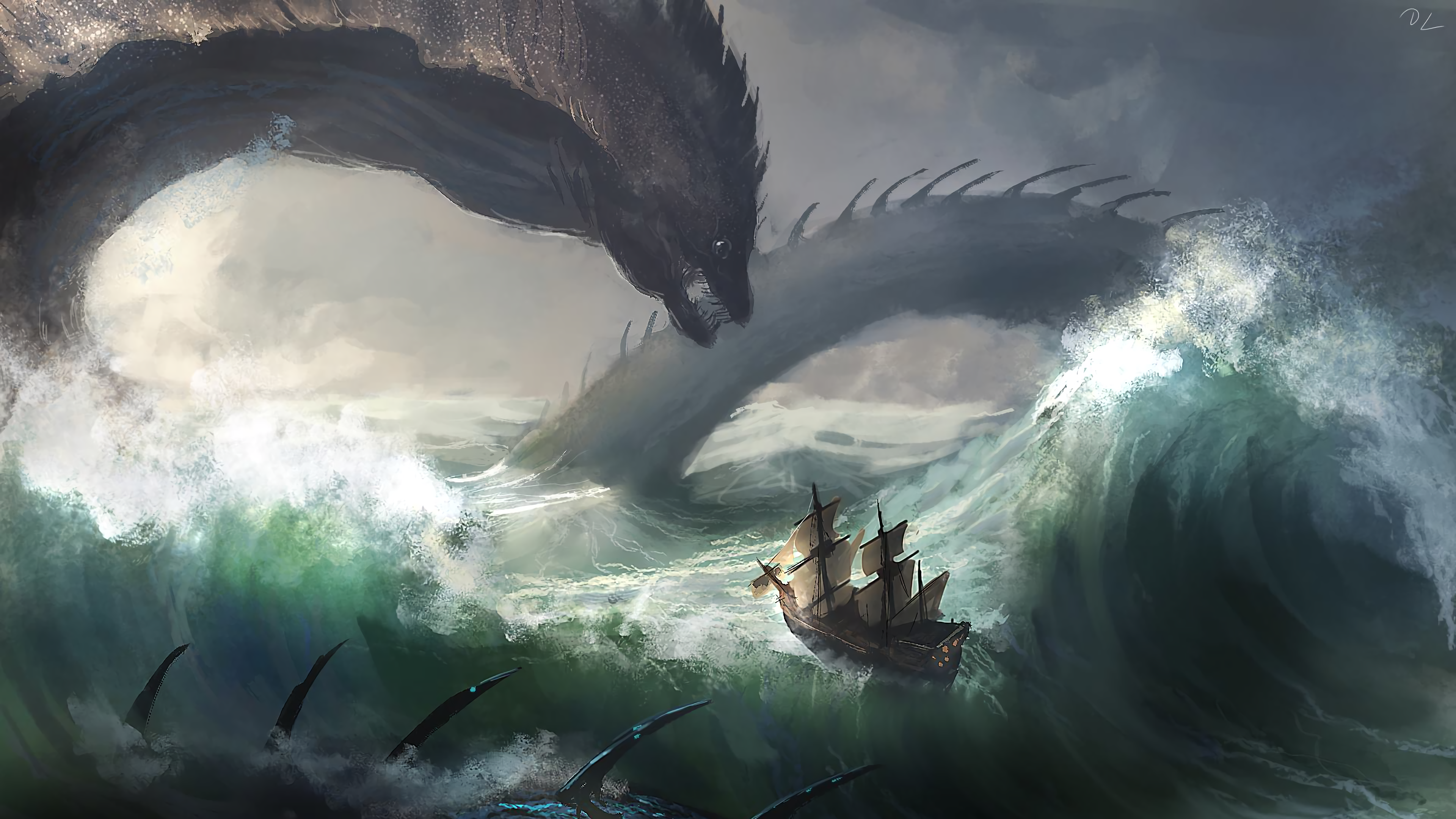 General 3840x2160 hydra fantasy art creature sailing ship sea artwork digital art