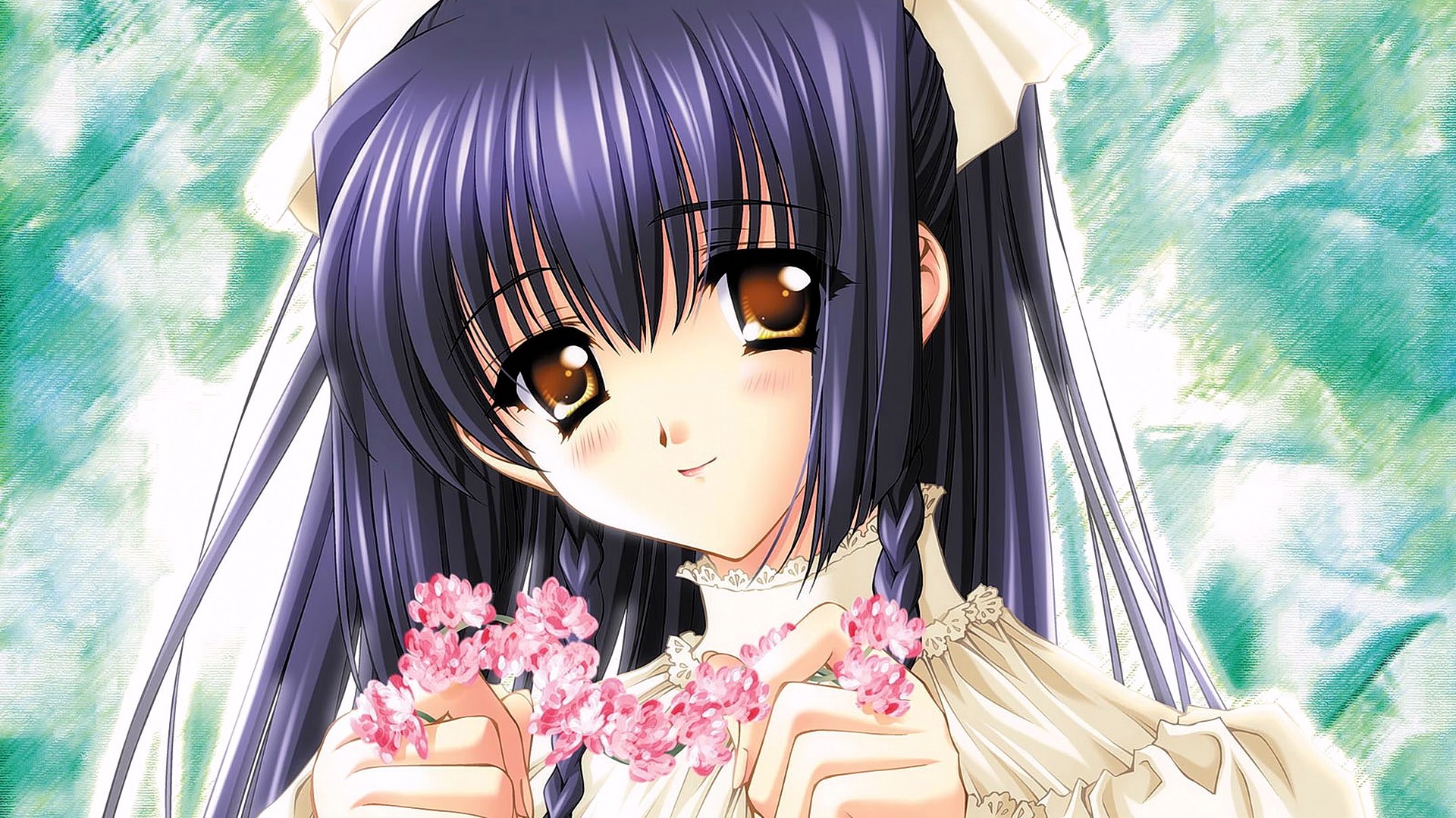 Anime 1920x1080 anime anime girls Moonlight Lady Kuraki Suzuna face profile flowers looking at viewer purple hair