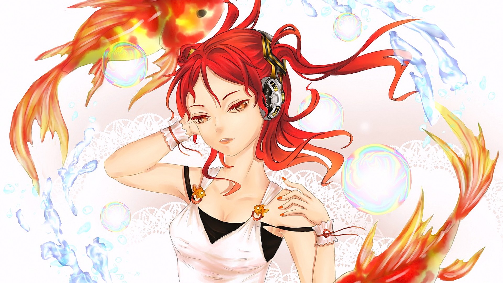 Anime 1920x1080 anime anime girls redhead fish headphones long hair face animals white background simple background red nails painted nails