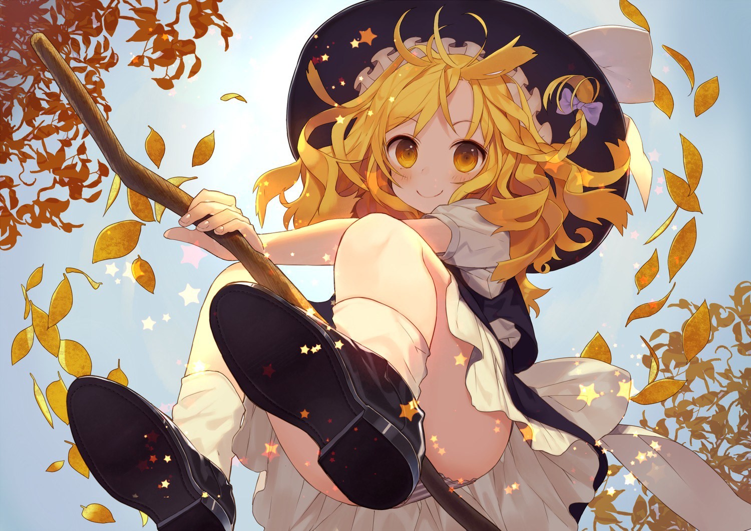 Anime 1500x1062 anime Touhou broom witch Kirisame Marisa feet shoes smiling fantasy art fantasy girl blonde loli
