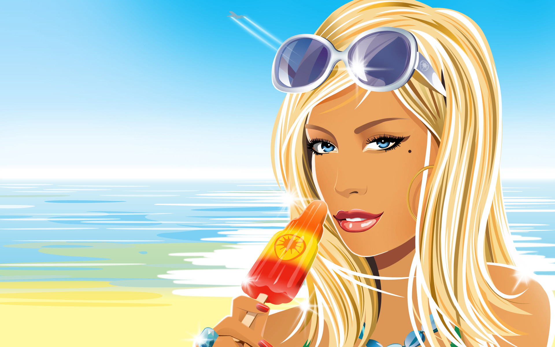 General 1920x1200 digital art women long hair drawing face sunglasses sea blonde bare shoulders blue eyes ice cream vector beach