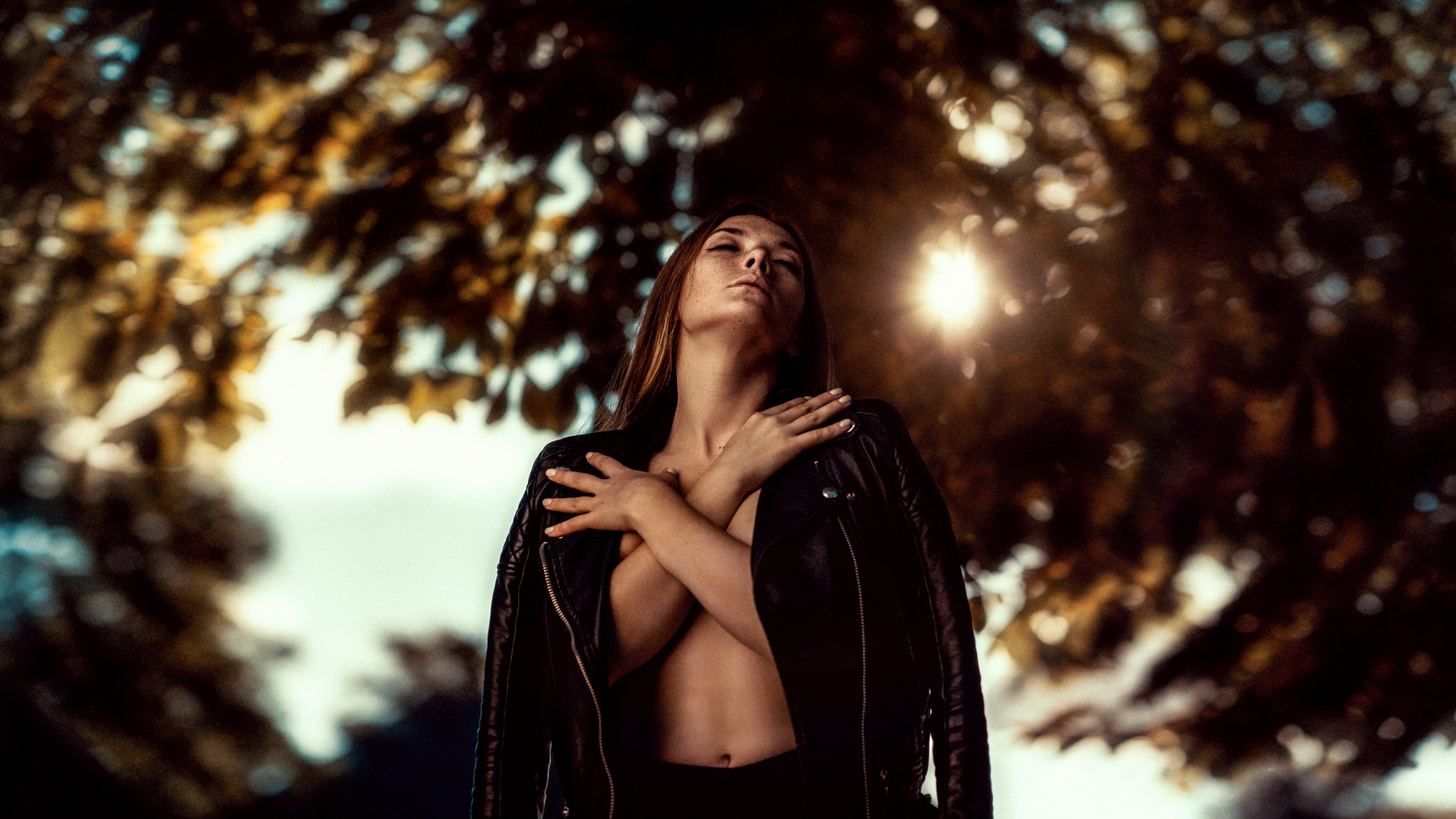 People 2048x1152 women Olga Kobzar arms crossed depth of field belly tanned closed eyes portrait no bra strategic covering leather jacket Mila Timchenko open jacket covering boobs open clothes