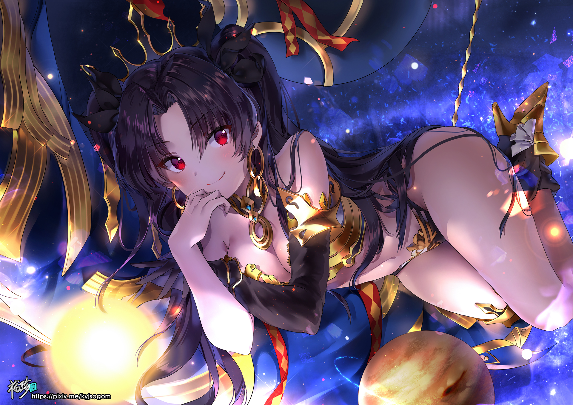 Anime 1920x1357 black hair blushing boobs cleavage elbow gloves Fate/Grand Order gloves long hair belly button red eyes twintails watermarked Ishtar (Fate/Grand Order)