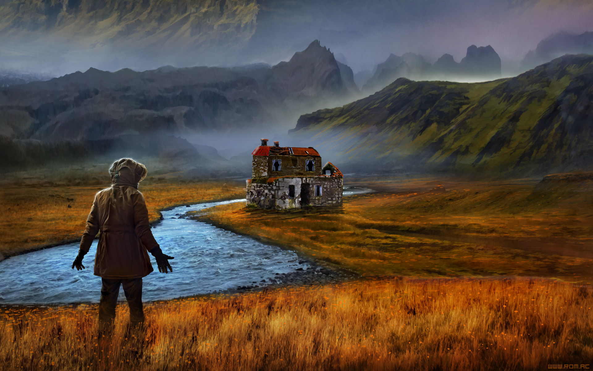 General 1920x1200 Romantically Apocalyptic digital art apocalyptic nature landscape mountains field mist stream house