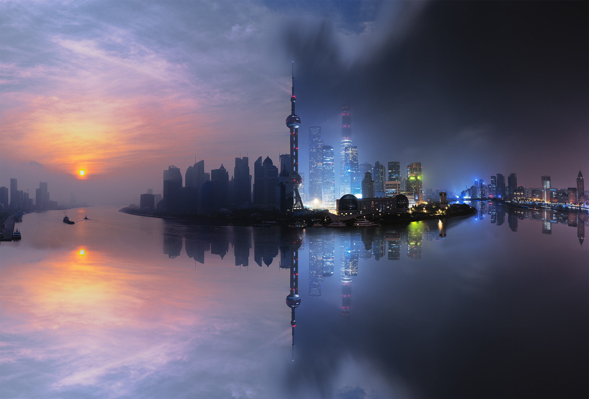 General 2048x1387 Shanghai night mist China cityscape building clouds nightscape reflection river sky city morning Asia Sun water 500px low light