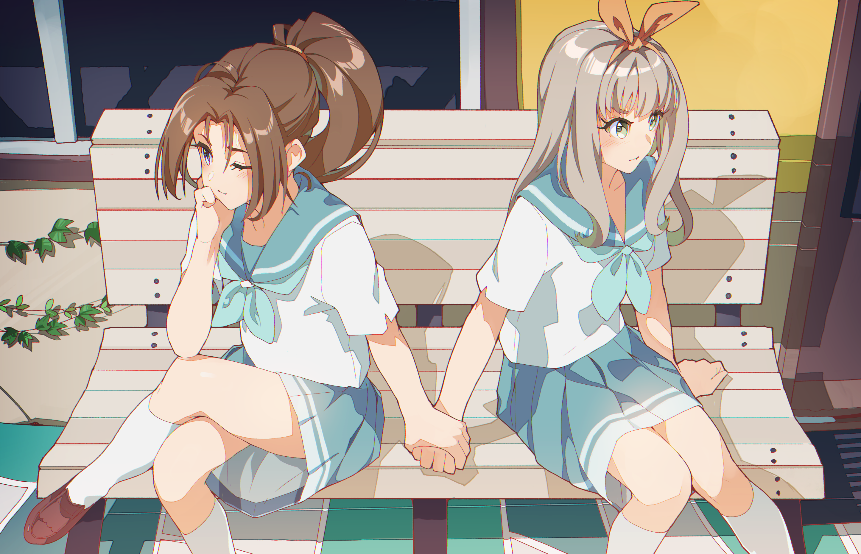 Anime 2891x1861 anime Hibike! Euphonium anime girls Nakagawa Natsuki yuri holding hands long hair legs crossed schoolgirl