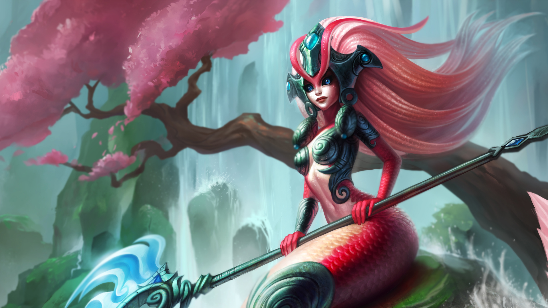 General 1920x1080 League of Legends Nami (League of Legends) mermaids Riot Games video game characters video games waterfall video game art water looking away blue eyes cherry trees sitting spear weapon