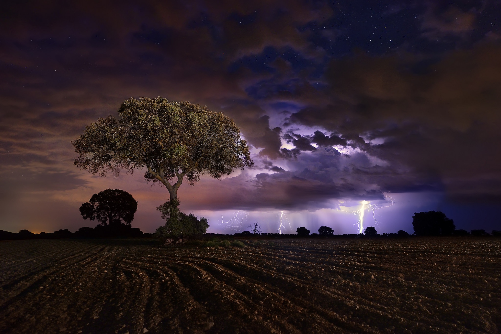General 2048x1367 dark landscape field night storm sky trees lightning