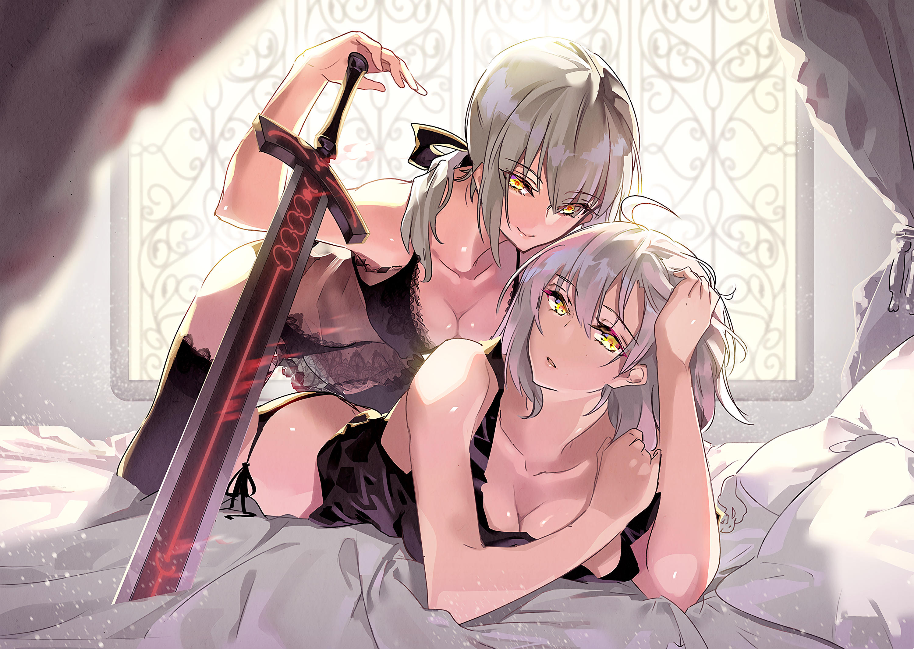 Anime 3000x2130 Fate/Grand Order Fate series Saber Alter yellow eyes white hair short hair long hair underwear black underwear pantyhose sword bedroom anime girls Artoria Pendragon Jeanne d'Arc (Fate) Jeanne (Alter) (Fate/Grand Order) in bed yuri lying on front bent over lingerie cleavage Tsurukame