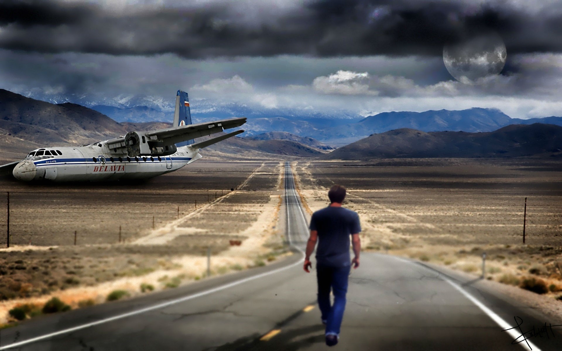 General 1920x1200 artwork apocalyptic crash airplane Moon aircraft road long road vehicle men walking digital art
