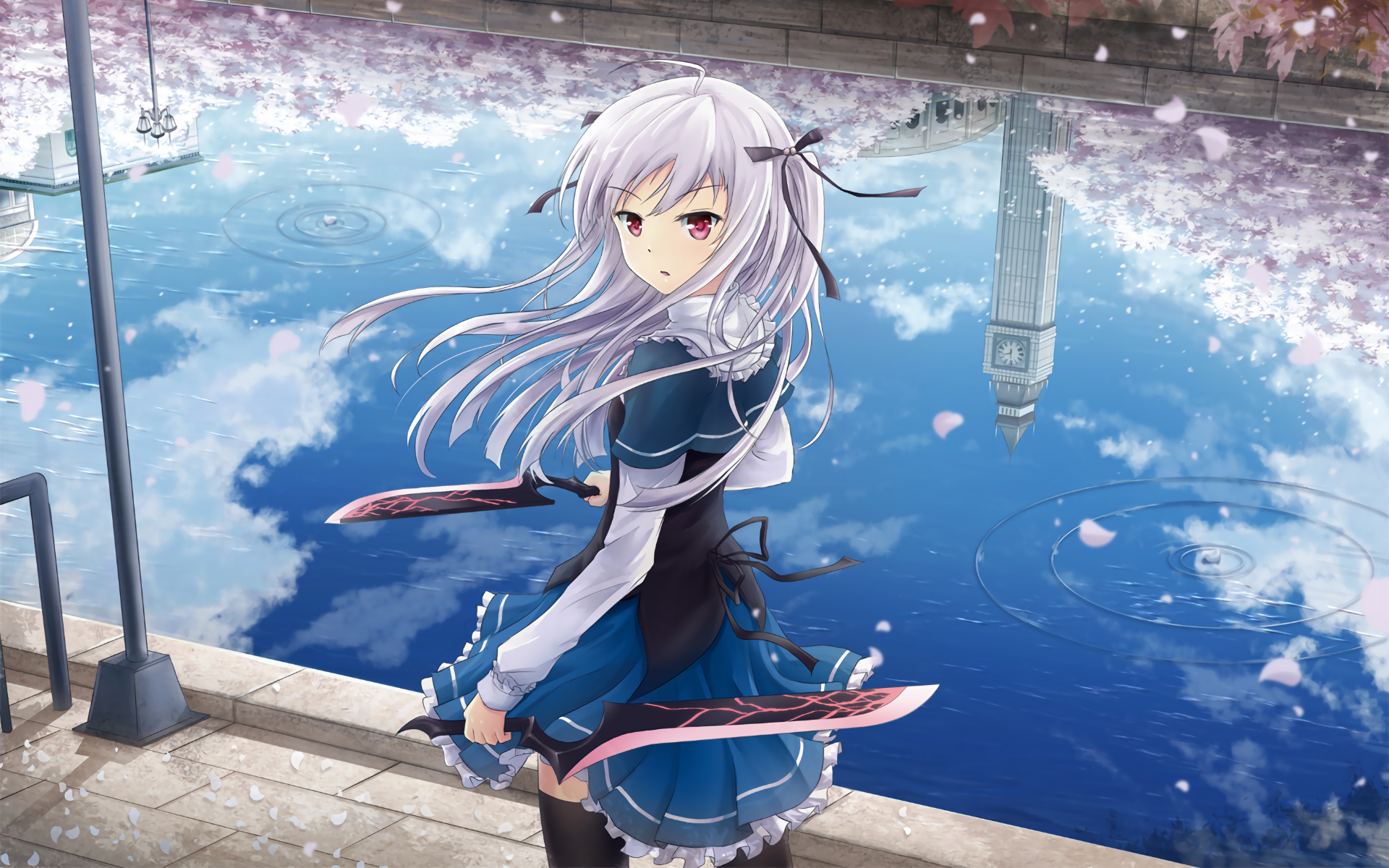 Anime 1920x1200 Absolute Duo  Sigtuna Julie reflection white hair hair bows sword anime girls