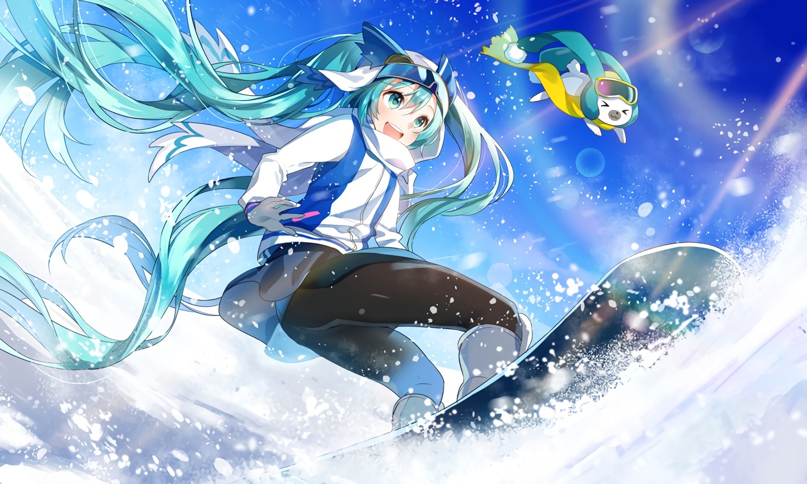 Anime 1600x960 anime anime girls Vocaloid Hatsune Miku Yuki Miku aqua eyes cyan hair boots clouds gloves headdress long hair sky snow sport twintails snowboarding Pixiv