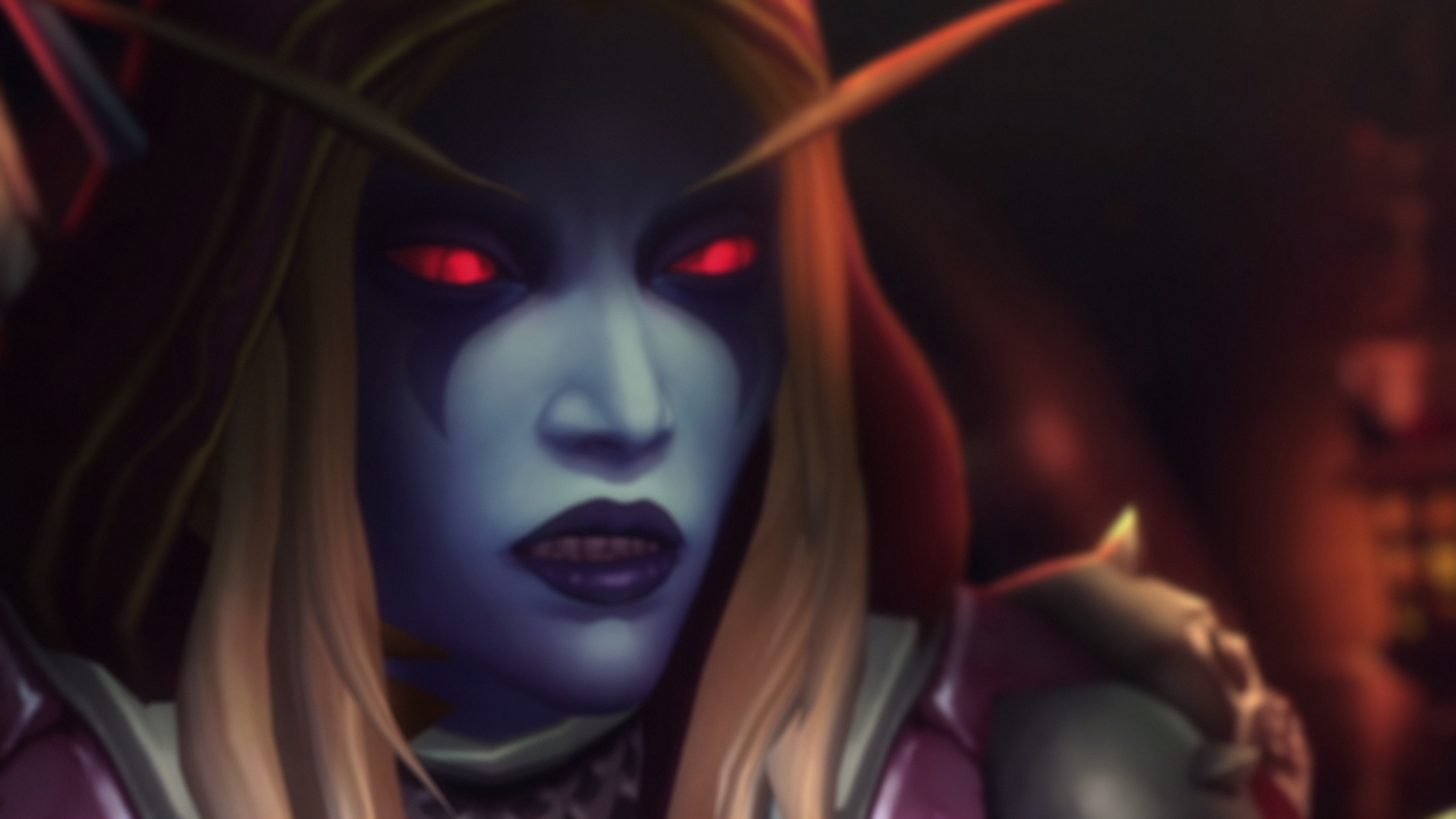 General 2560x1440 World of Warcraft Sylvanas Windrunner Blizzard Entertainment video game characters PC gaming face fantasy girl glowing eyes red eyes digital art closeup blurred