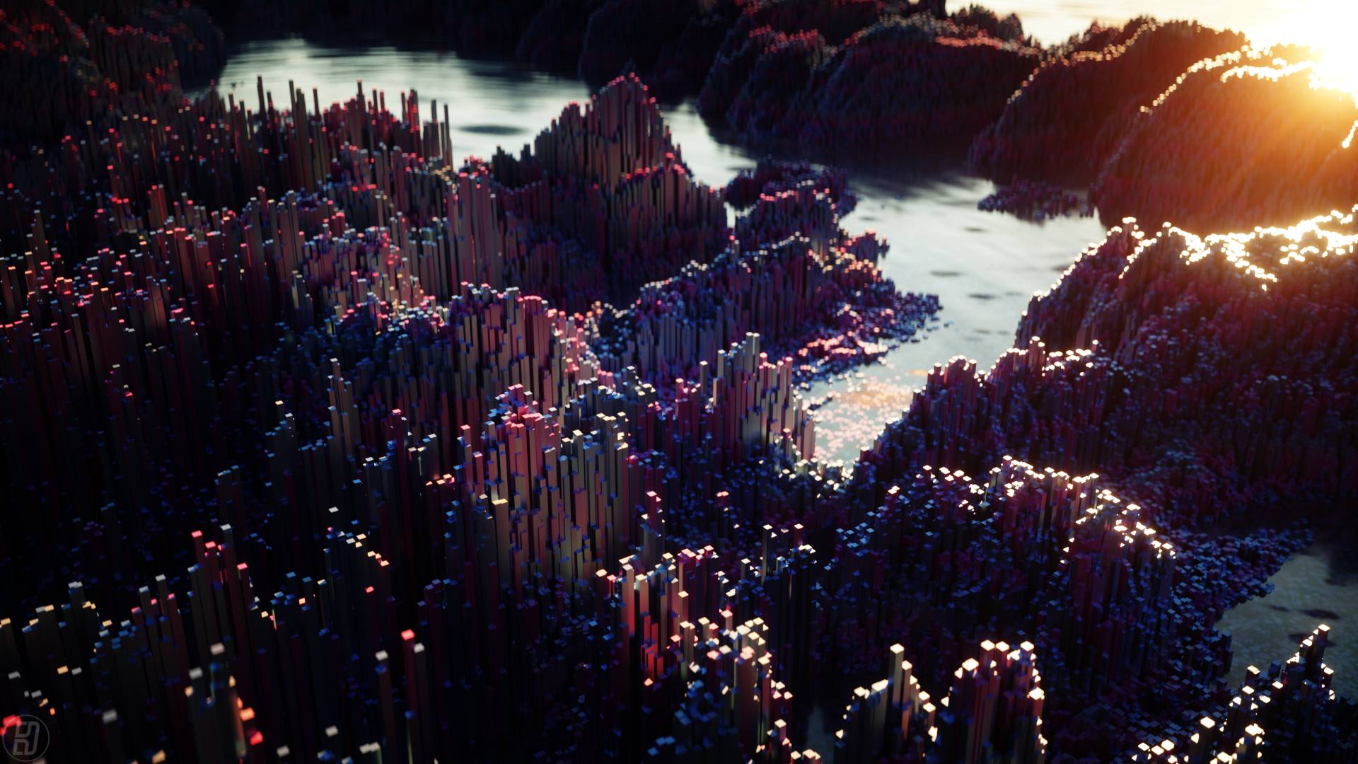 General 1920x1080 hills mountain top sunlight sunset river cubic Cinema 4D CGI abstract mountains