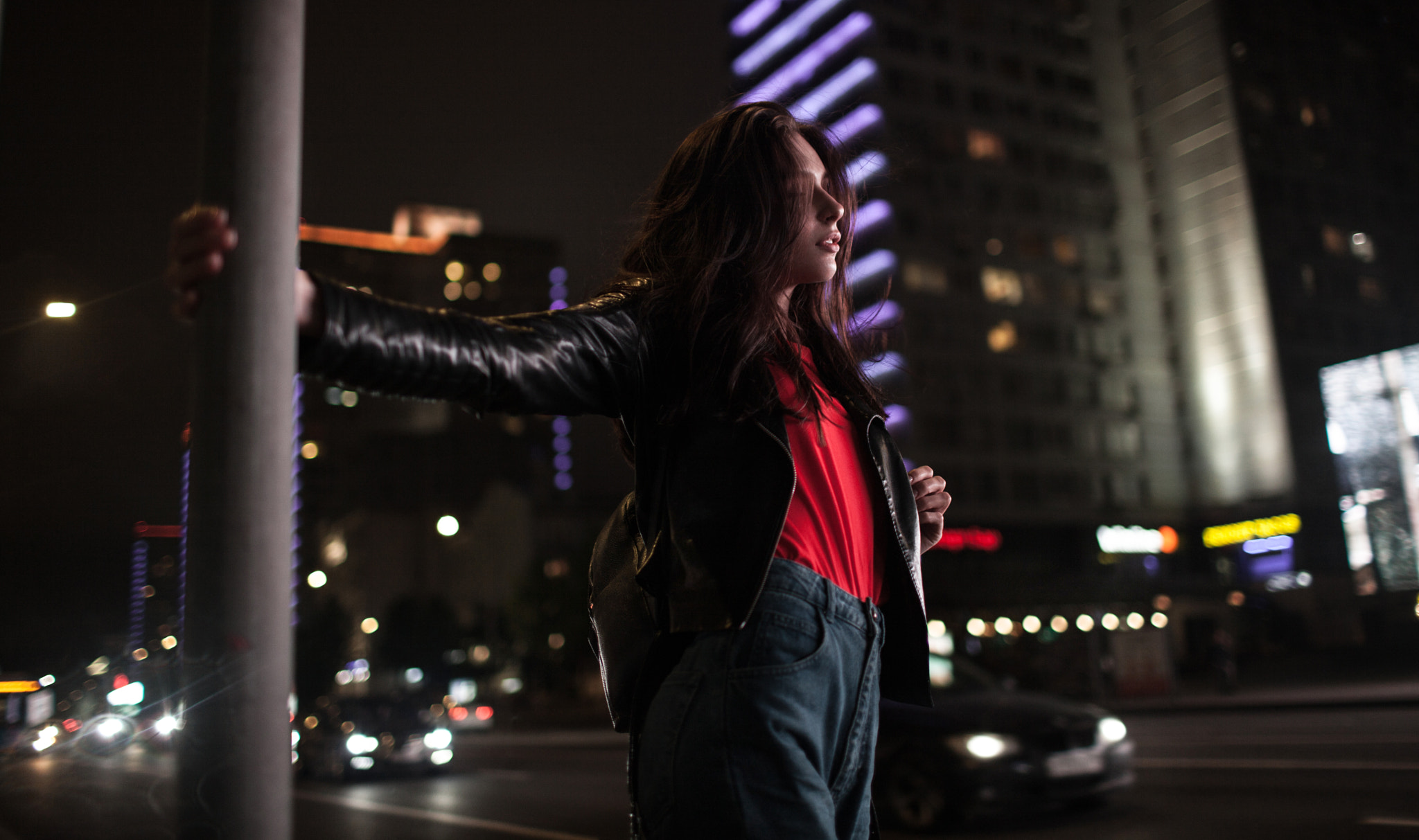 People 2048x1213 women brunette Andrey Frolov leather jacket jeans urban city 500px women outdoors standing traffic model