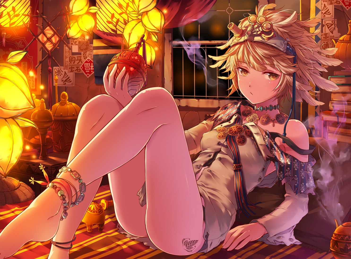 Anime 1485x1094 barefoot blonde books brunette goggles necklace tattoo torn clothes underwear yellow eyes