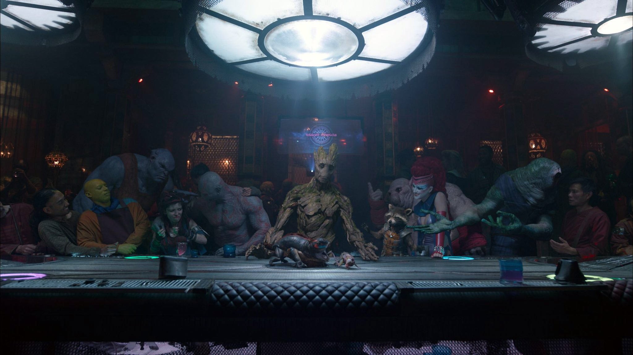 General 2048x1150 Guardians of the Galaxy Groot Drax the Destroyer Marvel Cinematic Universe movies digital art low light Rocket Raccoon The Last Supper parody