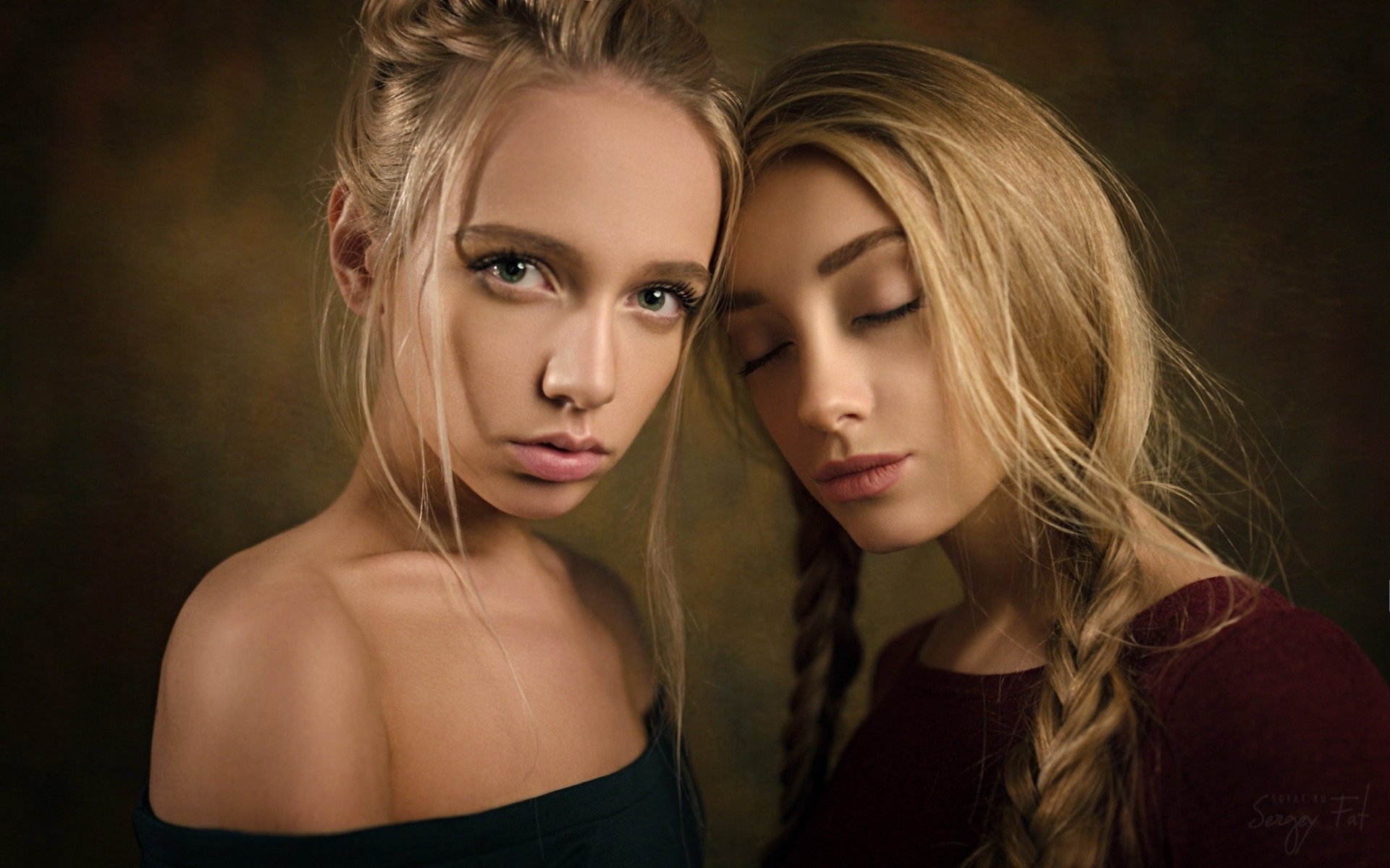 People 1920x1200 women blonde portrait closed eyes face twintails Maria Popova Anna Ioannova Sergey Zhirnov two women studio indoors women indoors looking at viewer Russian women Russian model watermarked simple background