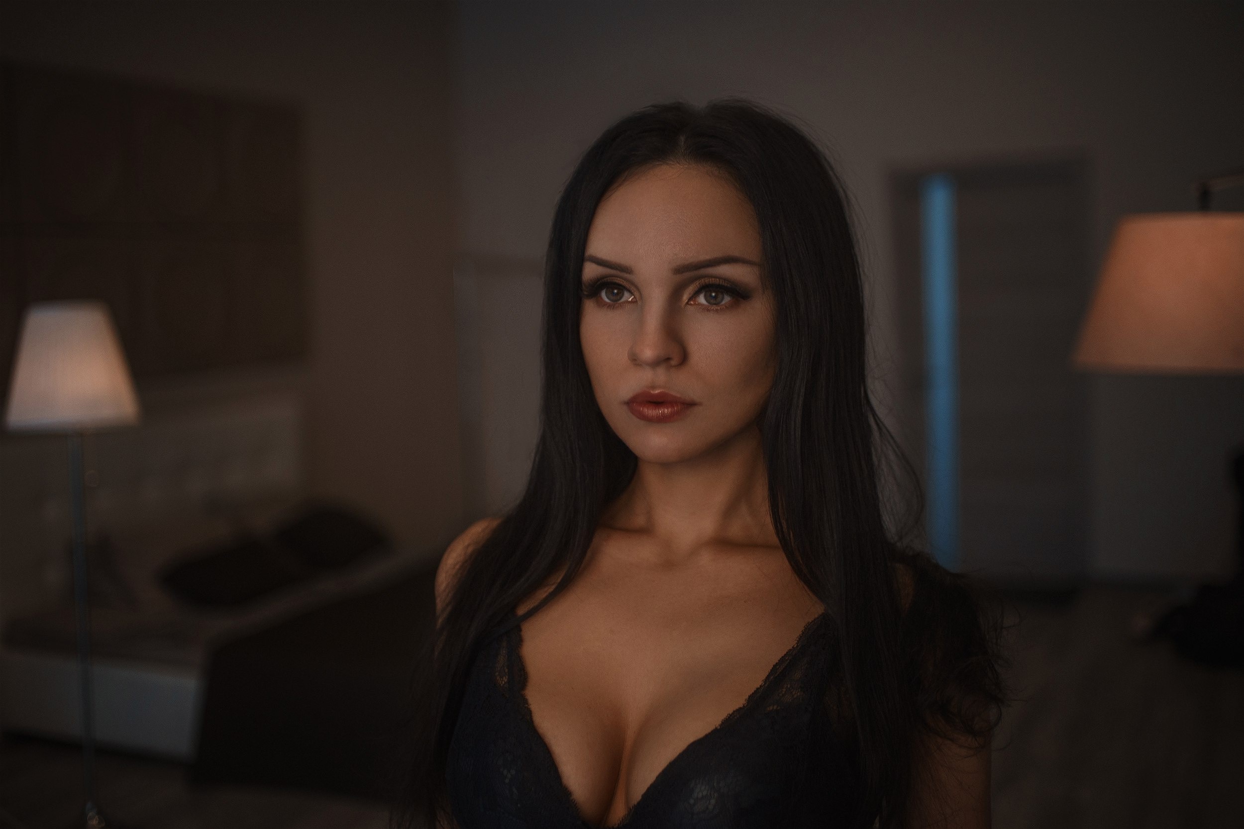 People 2500x1667 Dmitry Ermokhin cleavage women face model bra black lingerie boobs women indoors indoors red lipstick makeup brunette