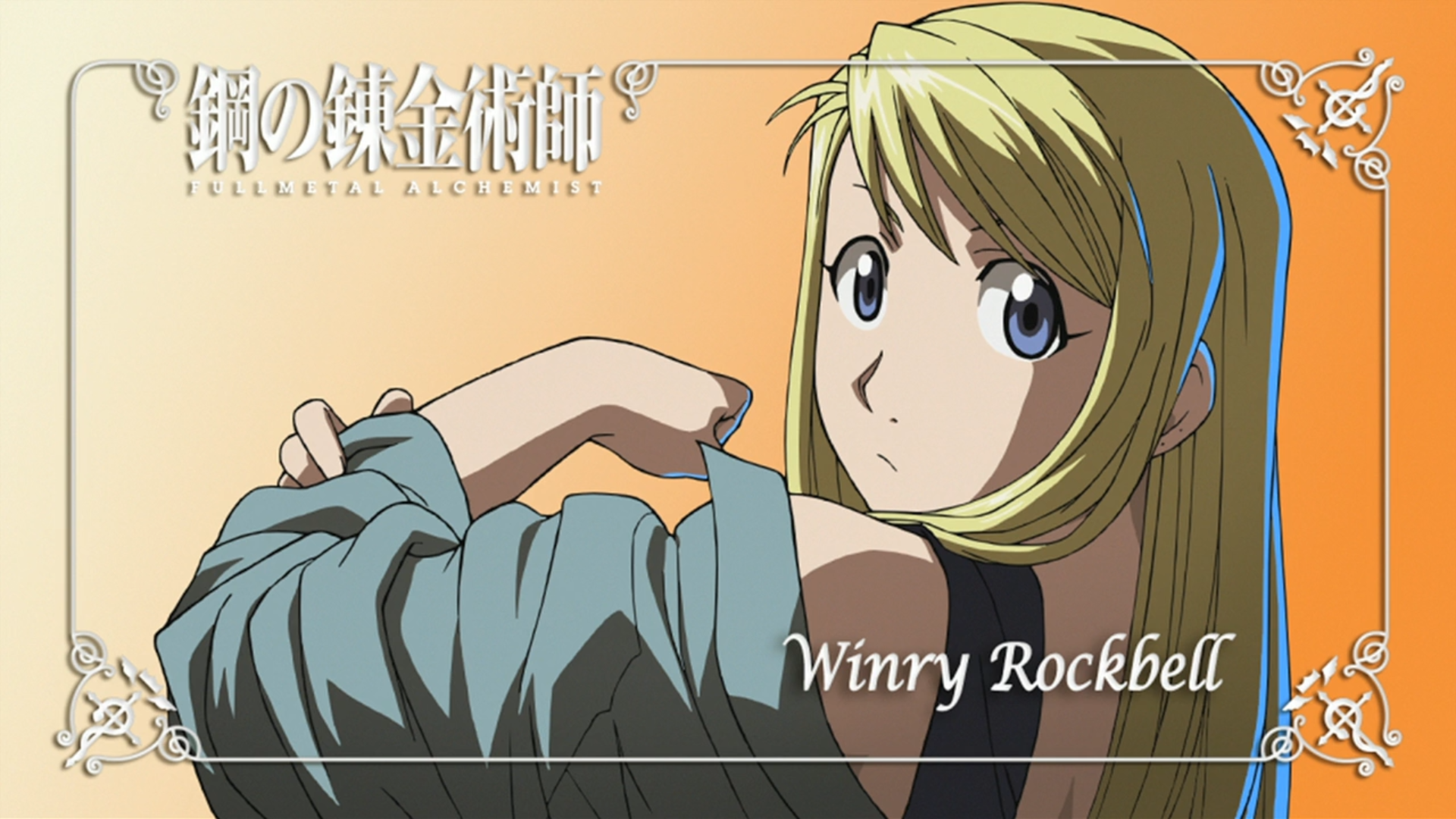 Anime 1920x1080 Fullmetal Alchemist: Brotherhood Rockbell Winry anime girls blonde long hair orange background gradient face anime